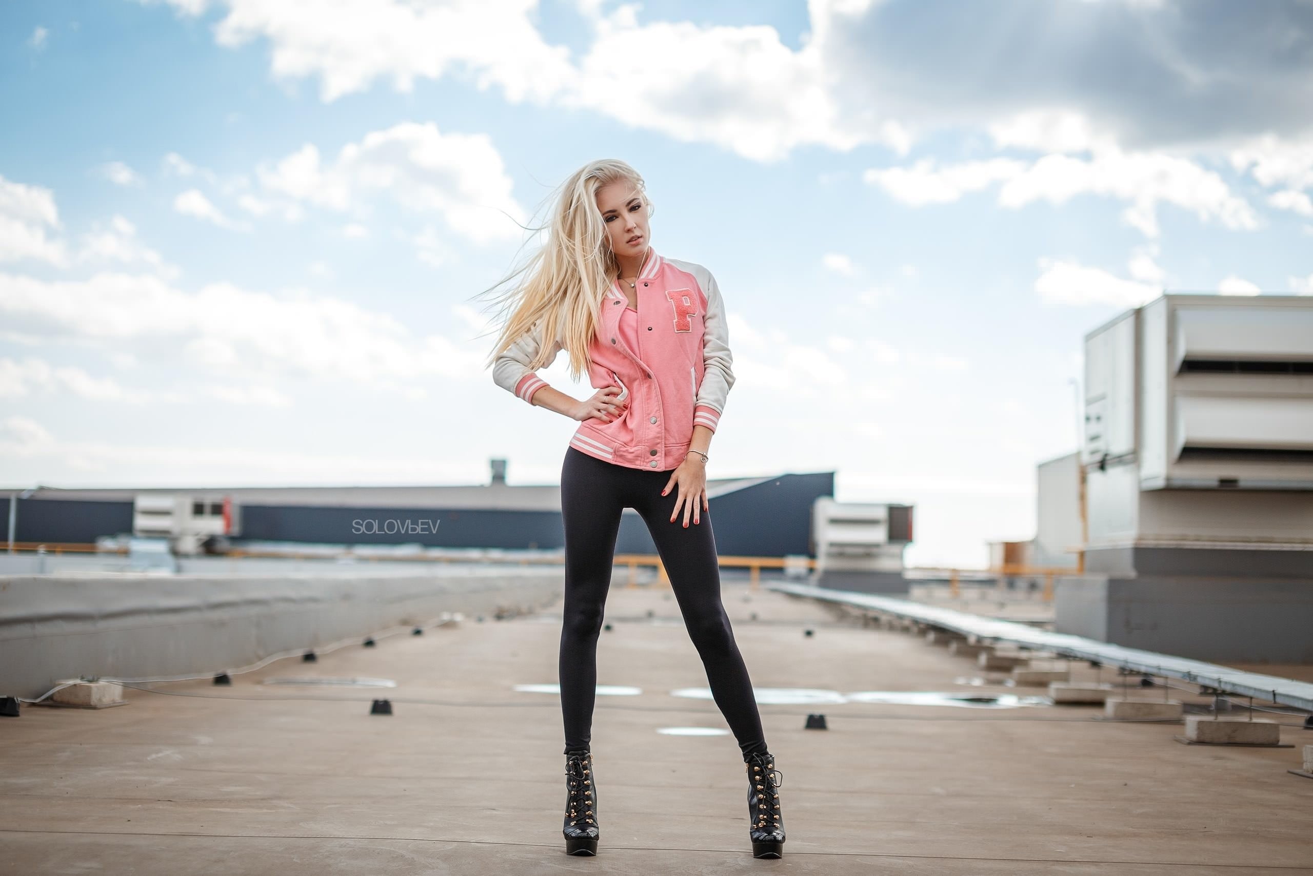 one person, Solovbev, young women, full length, hair, casual clothing, blond hair, lifestyles, letterman, portrait, jacket, leggings, pink, leisure activity, HD Wallpaper
