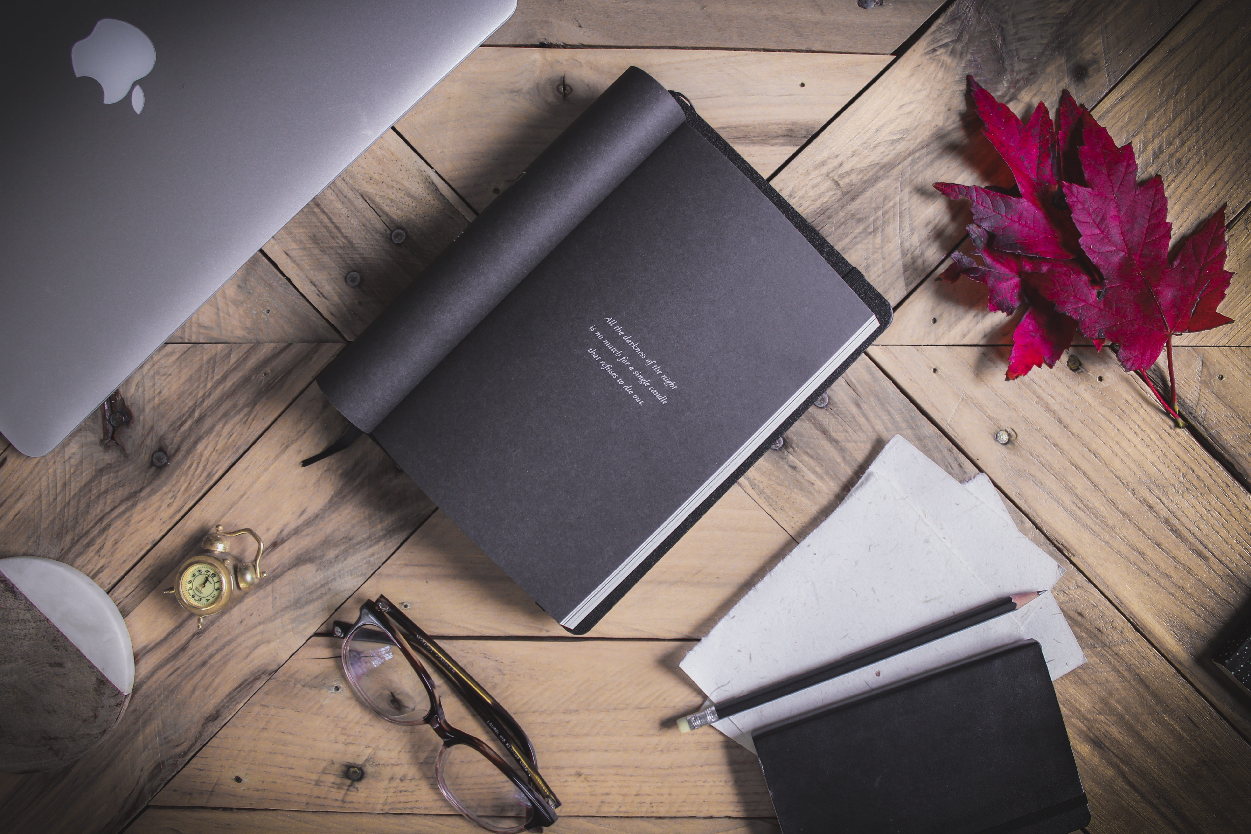 no people, high angle view, thinking, clock, directly above, flower, wood - material, diary, office, pen, desk, writing, flatlay, pencil laptop, leaves, HD Wallpaper