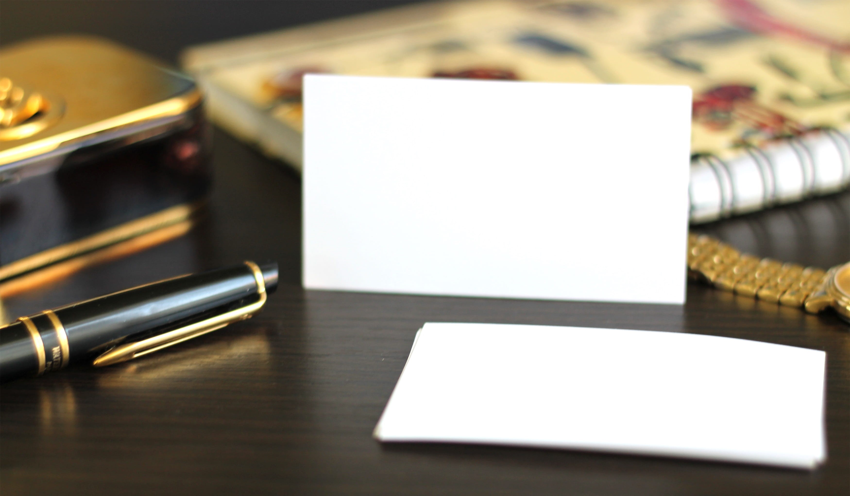 communication, table, white, diary, desk, message, visit card, office, gold colored, blank, business, wooden table, 2K, copy space, pen, paper, white color, HD Wallpaper