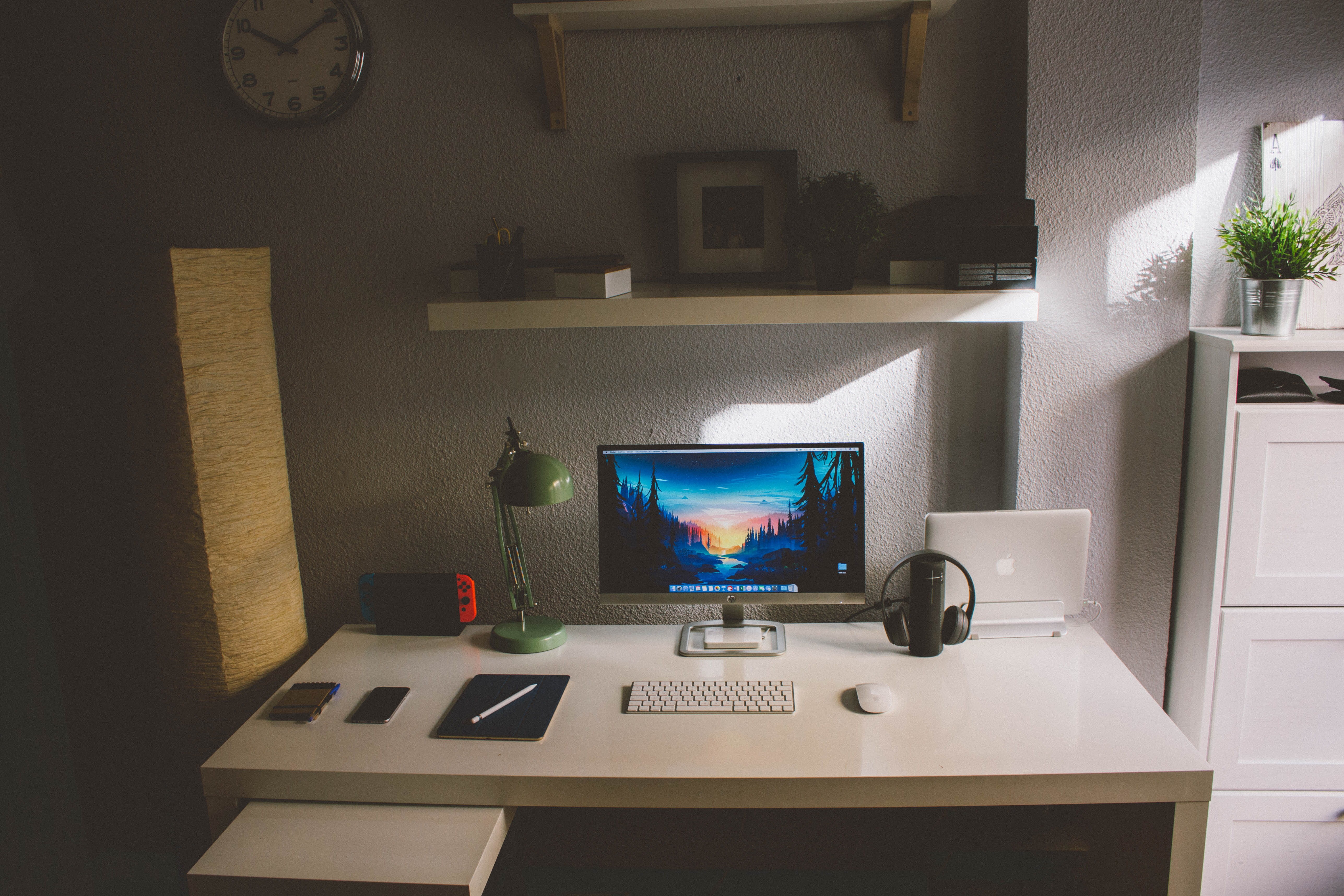 computer equipment, time, keyboard, furniture, office, cordless, modern, technology, monitor, desk, computer monitor, wooden, white, inside, indoors, home, HD Wallpaper