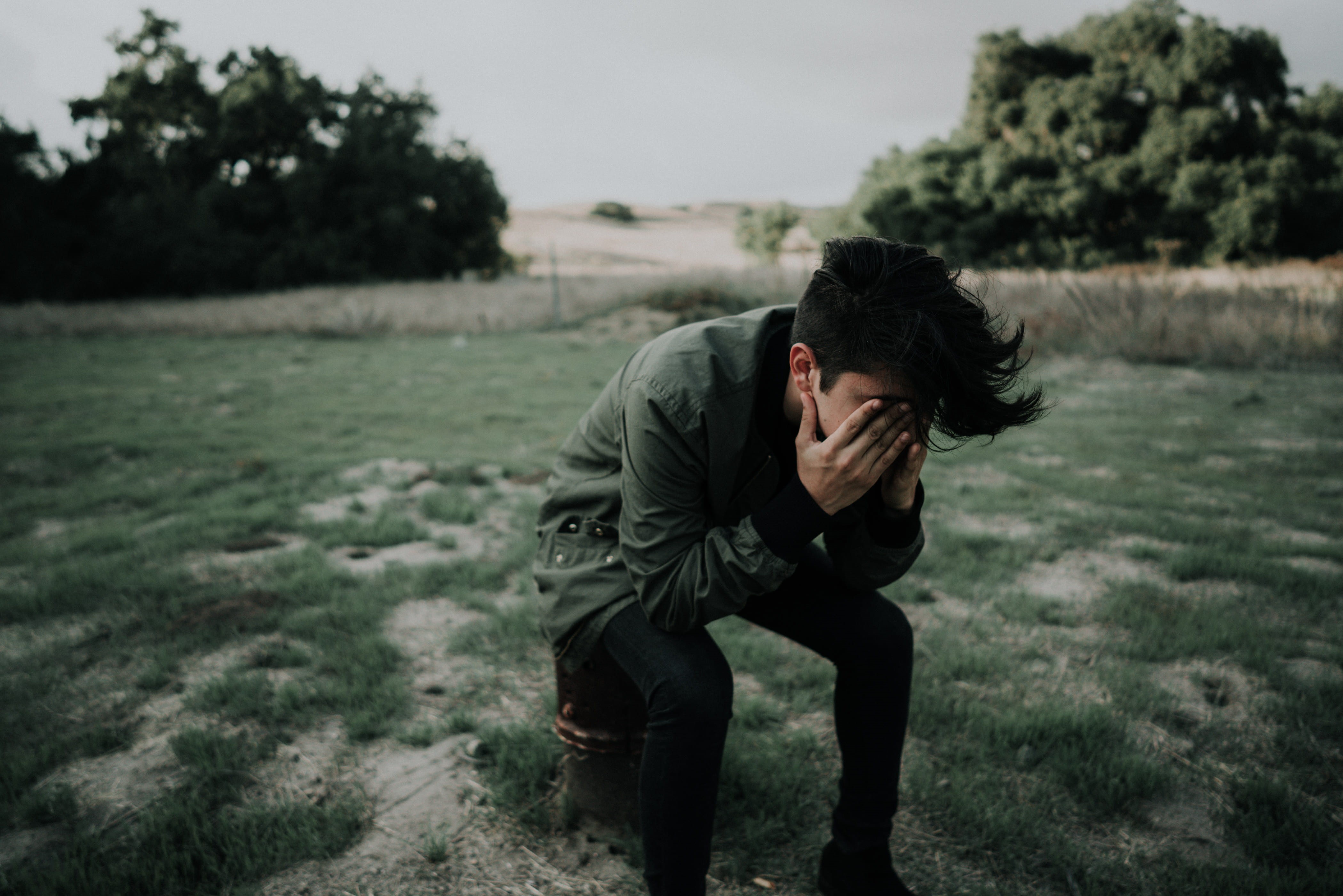 bomber, chair, sitting, looking, green, casual clothing, tree, young men, landscape, outdoors, depression - sadness, land, 4K, day, stool, field, grass, HD Wallpaper