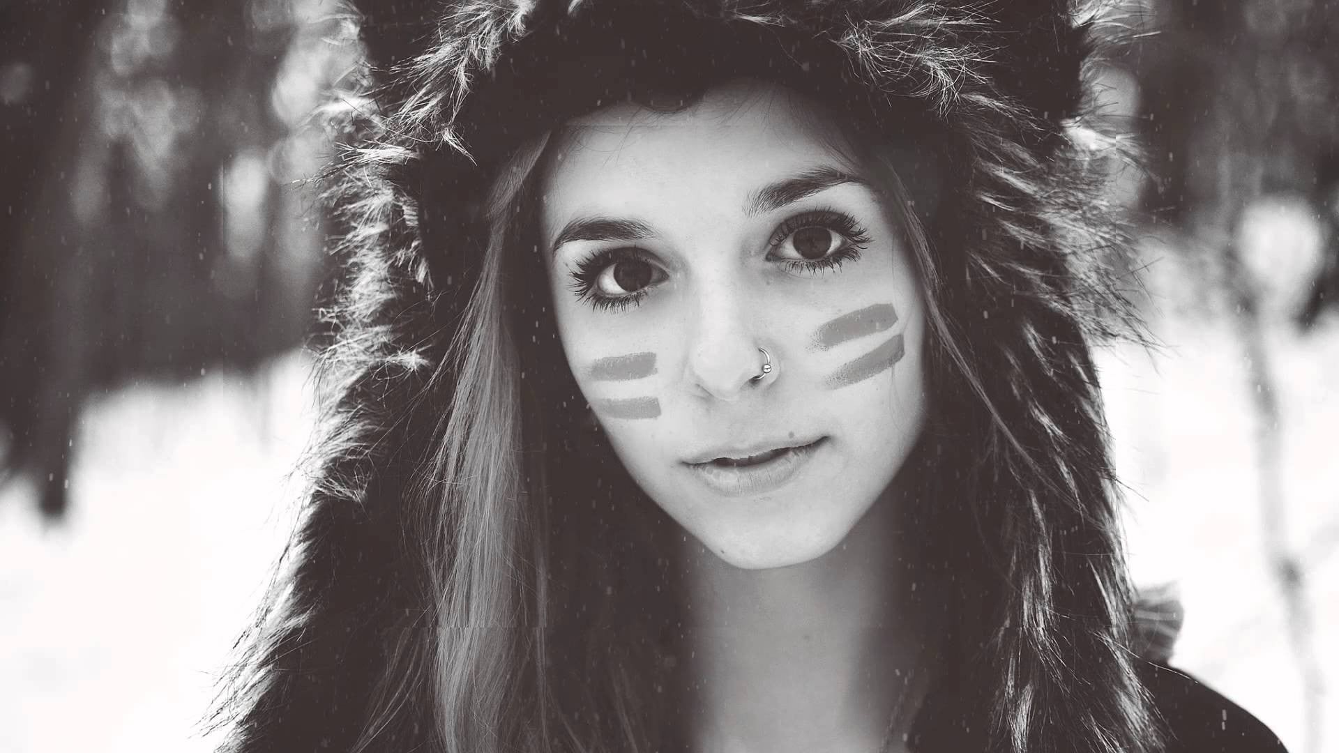 beauty, front view, teenager, young adult, human face, Fennek Suicide, looking at viewer, 1080P, warm clothing, young women, women, monochrome, beautiful woman, HD Wallpaper