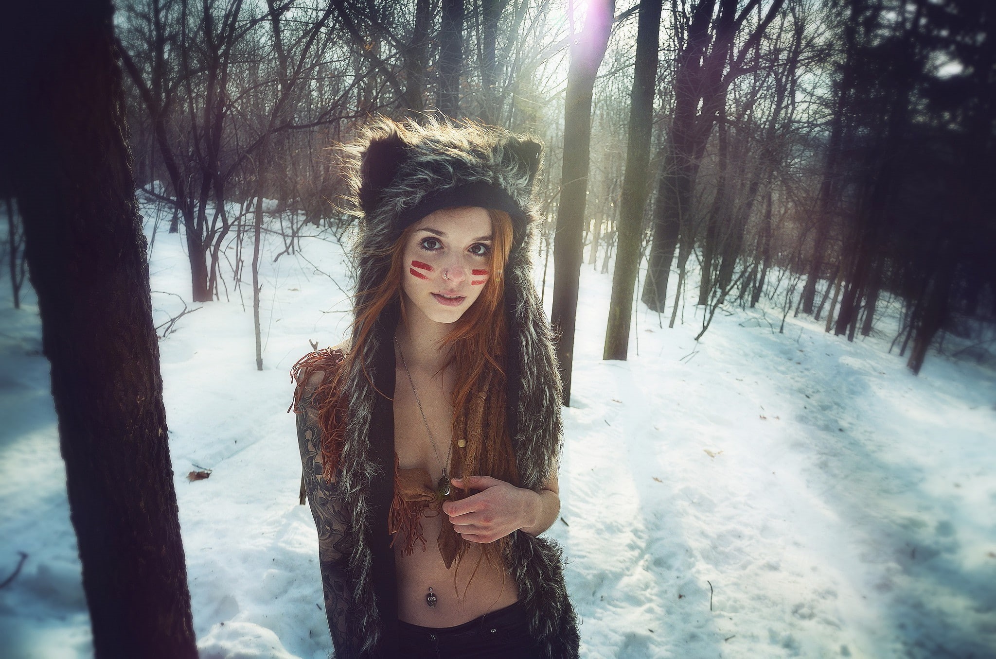 hairstyle, outdoors, hair, women, leisure activity, beauty, lifestyles, young women, plant, real people, standing, Open Mouth, forest, Face Paint, Fluffy Hat, HD Wallpaper