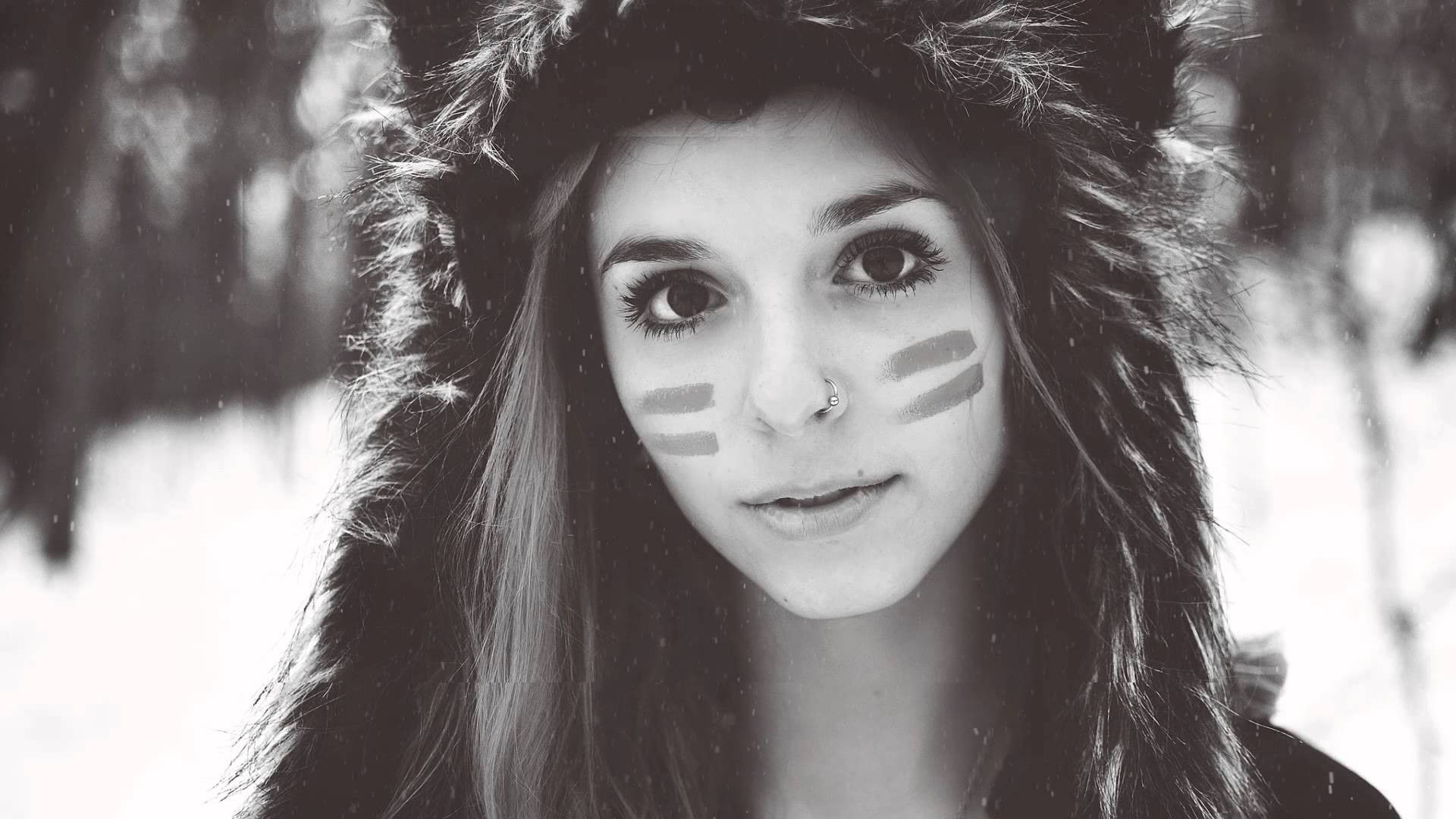 Fennek Suicide, looking at viewer, 1080P, fluffy hat, women, winter, face paint, monochrome, nose rings, HD Wallpaper