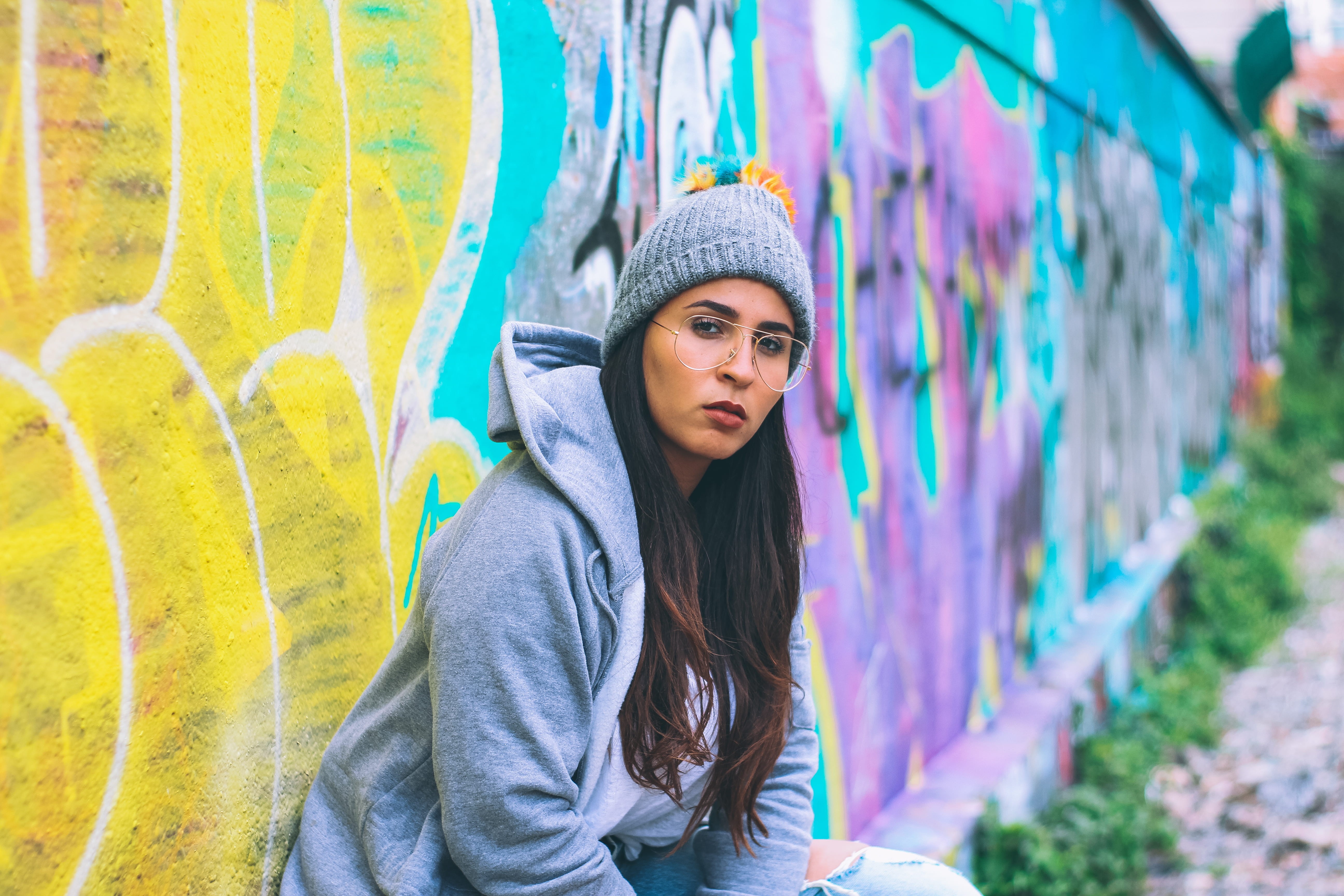 time, hat, bench, woman, wall - building feature, sitting, street, 5K, paint, leaning, beside, graffiti, mural, girl, beauty, adult, city, daytime, young Adult, HD Wallpaper