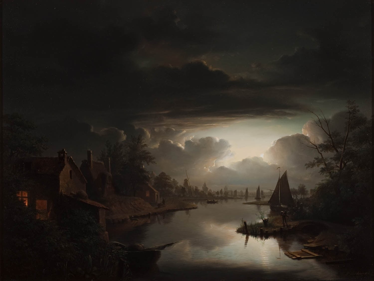 near, painting, body, clouds, sailboats, 720P, water, classic art, river, cottage, village, HD Wallpaper