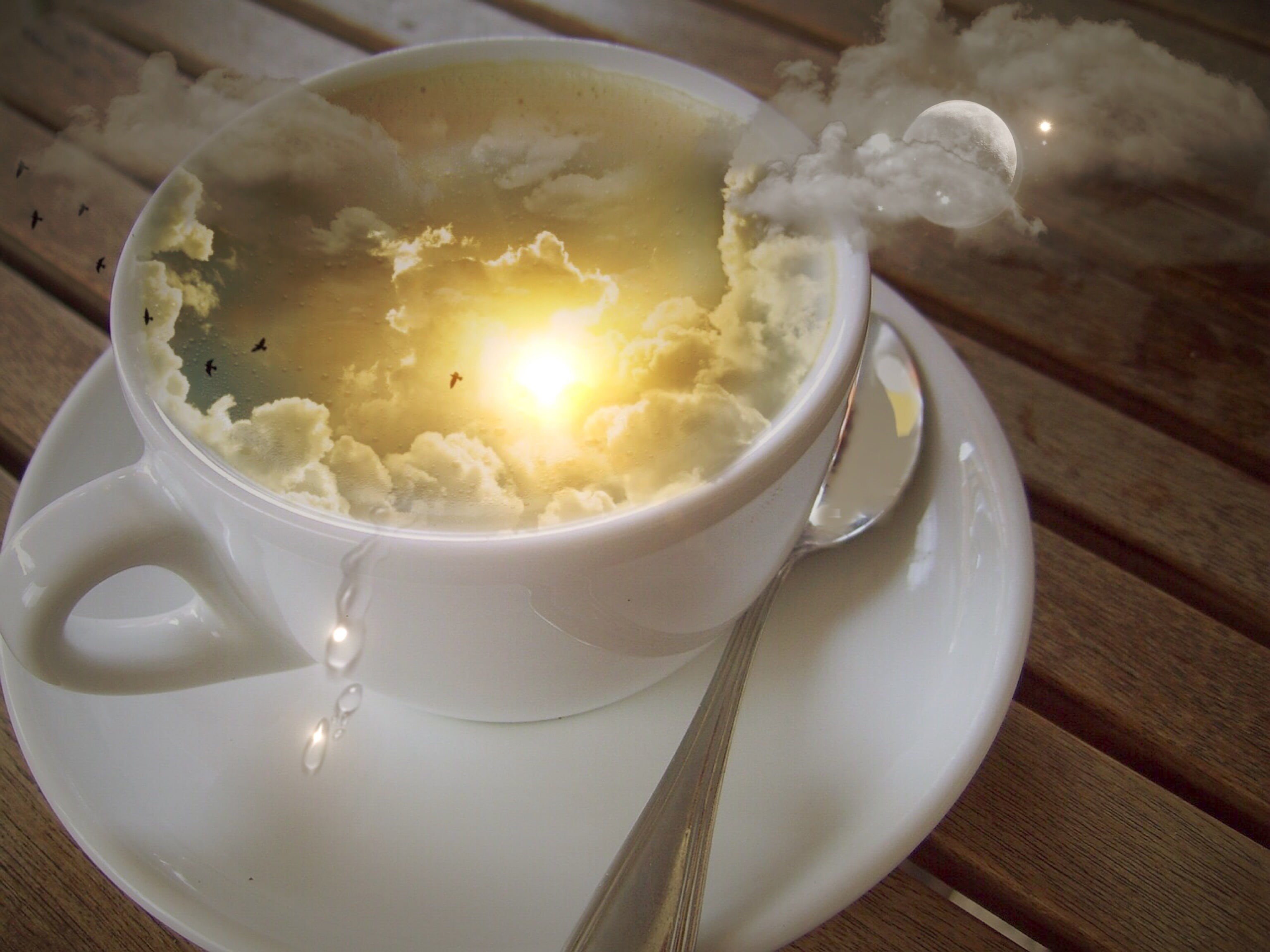 brown, 2K, enormous, porcelain, sky beams, water, sky, sun, bowl, teacup, wellbeing, spoon, clouds form, eating utensil, food and drink, kitchen utensil, HD Wallpaper