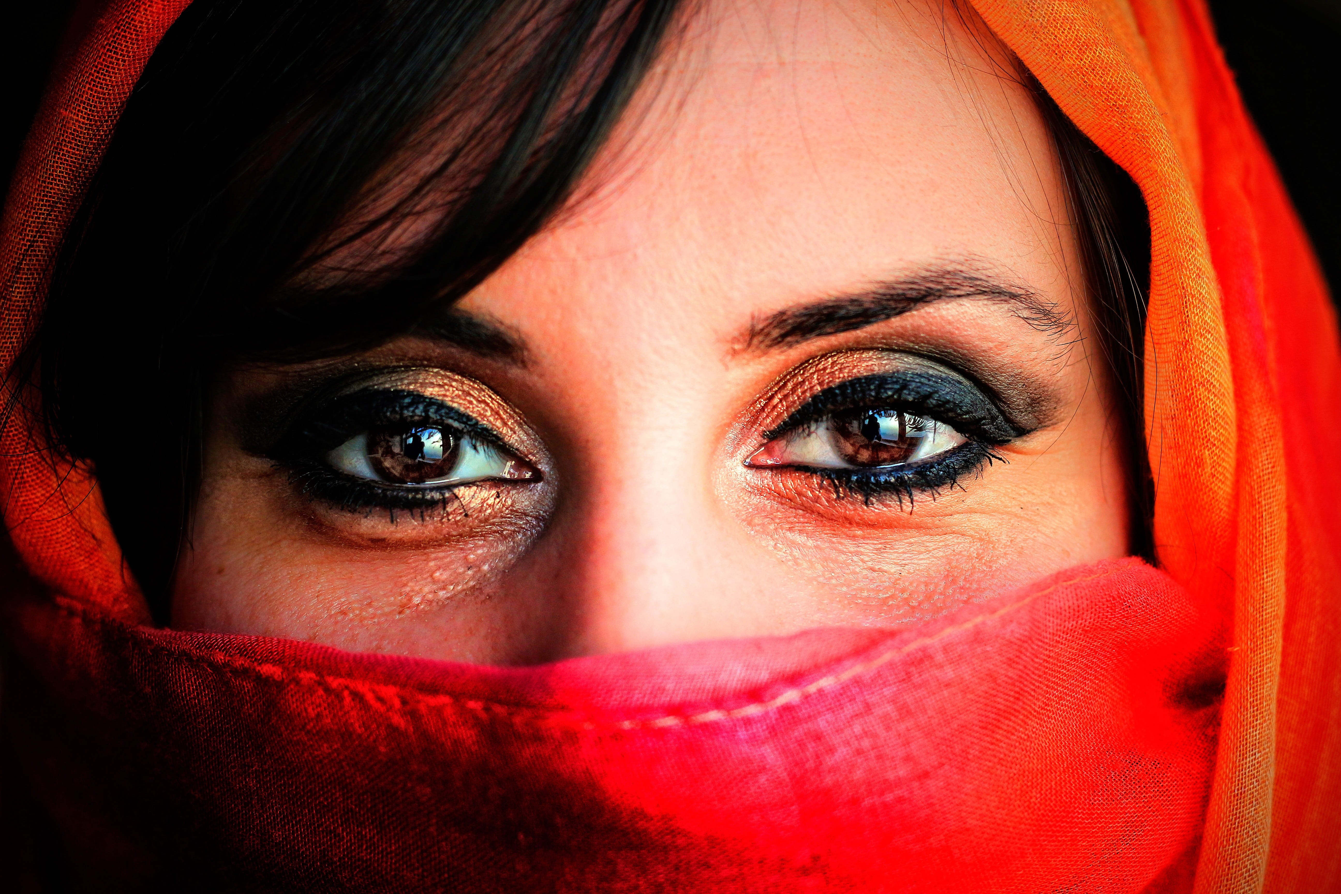 eyelash, scarf, make-up, front view, human eye, close-up, eyebrow, overview, contact, face, women, headshot, wearing, young model, red, the young woman, HD Wallpaper