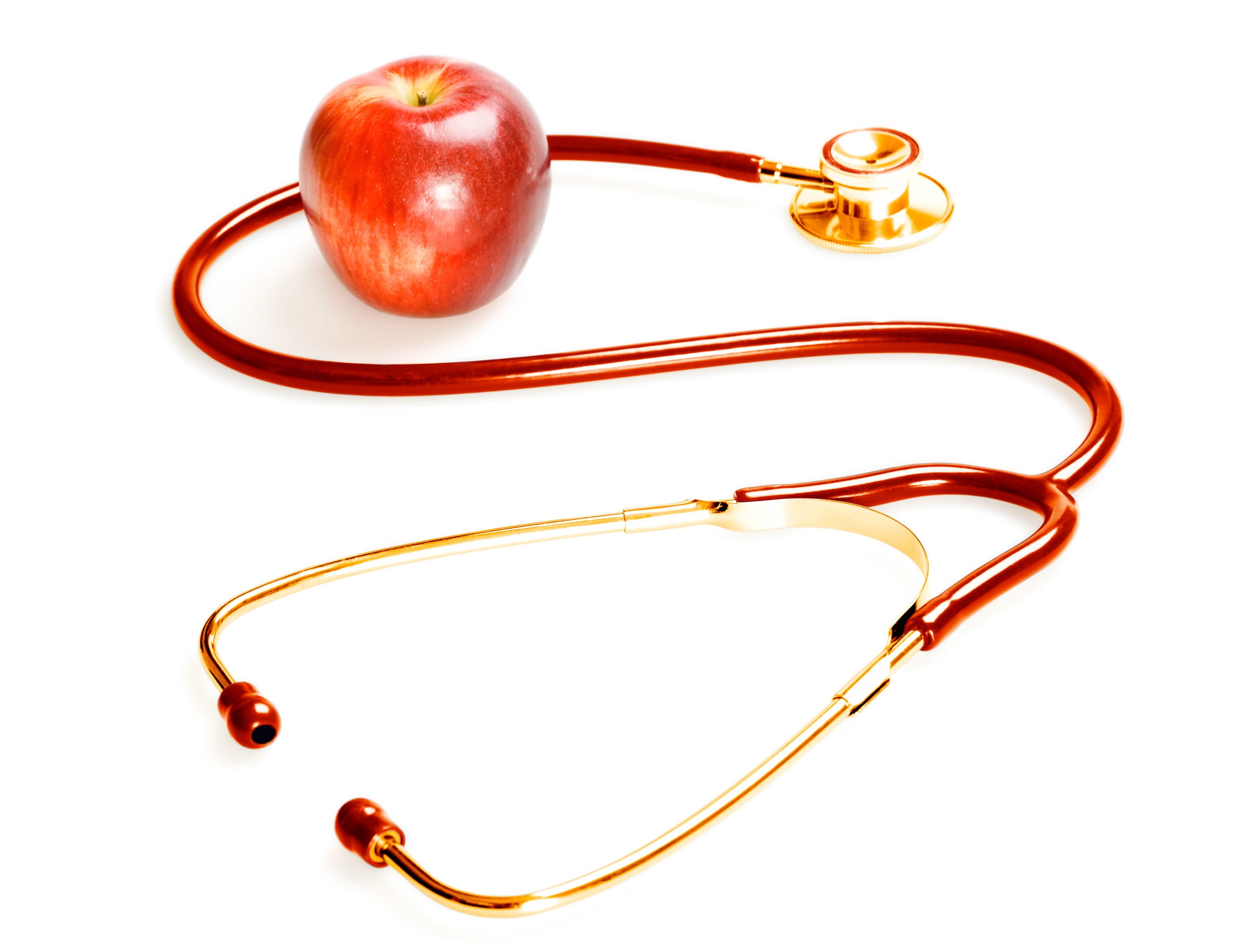 metal, stethescope, heartbeat, examination, apple - fruit, closeup, instrument, health, medic, diet, diagnostic, white background, examine, illness, stethoscope, HD Wallpaper