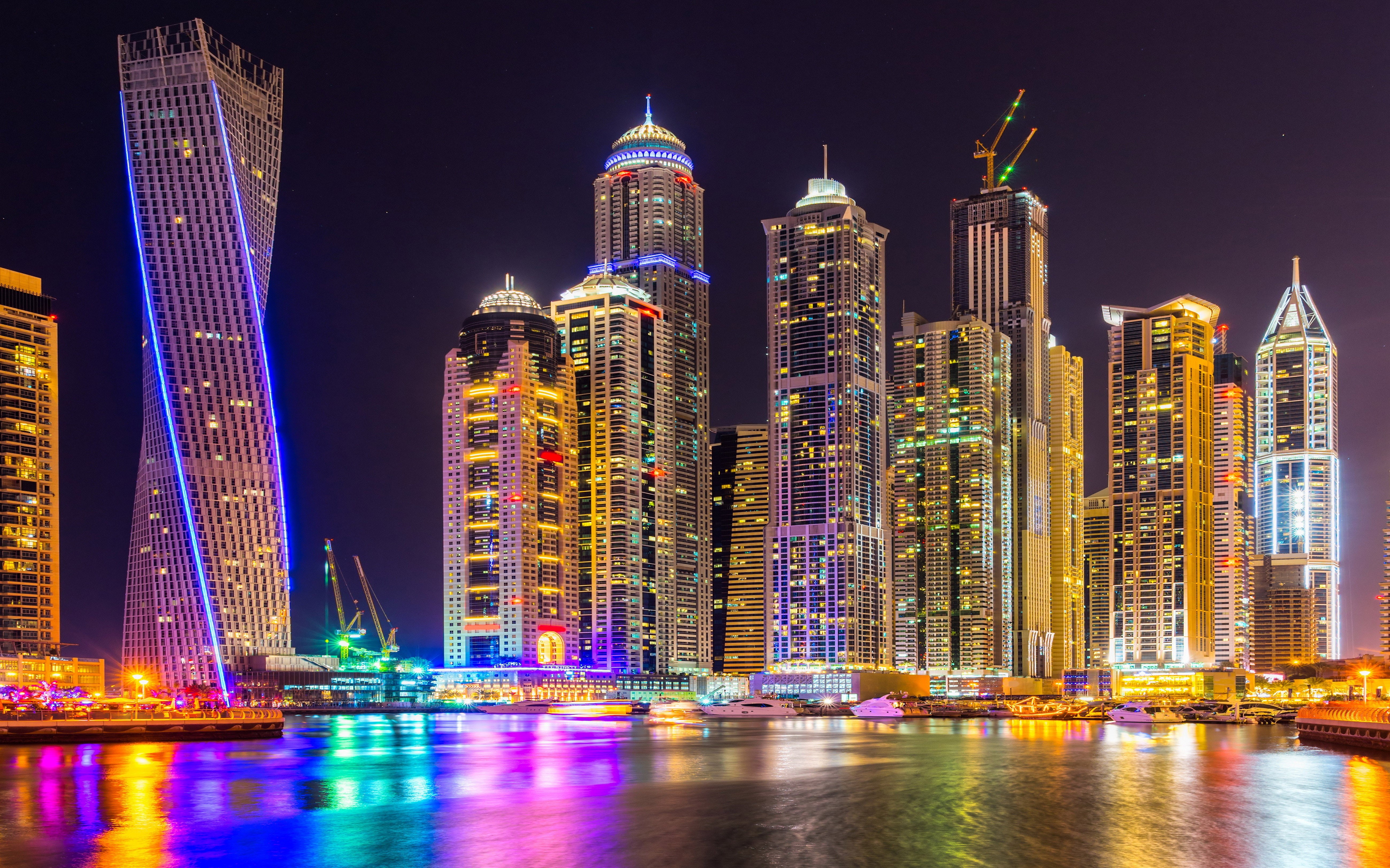 buildings, city, desktop, 5K, skyscrapers, light, port, dubai, tall, yachts, night, HD Wallpaper