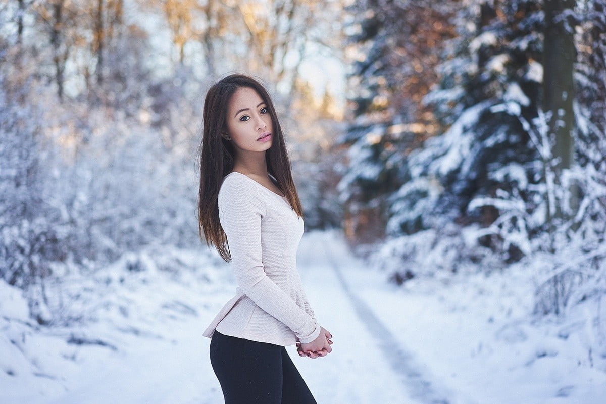 juicy lips, fashion, sleeved, brunette, winter, cold temperature, teenager, adult, beautiful woman, long hair, women, tree, snow, long, scoop, beauty, hairstyle, HD Wallpaper
