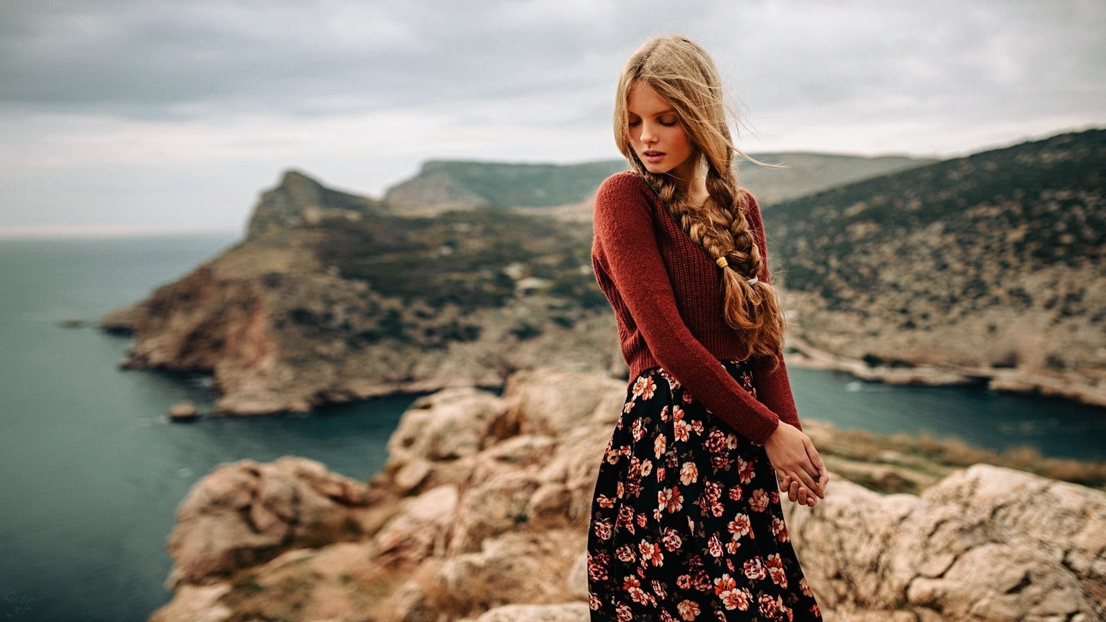 water, beautiful woman, top, fashion, hairstyle, standing, beside, long hair, beach, closed eyes, sleeve, rock, solid, smiling, haired, rock - object, beauty, HD Wallpaper