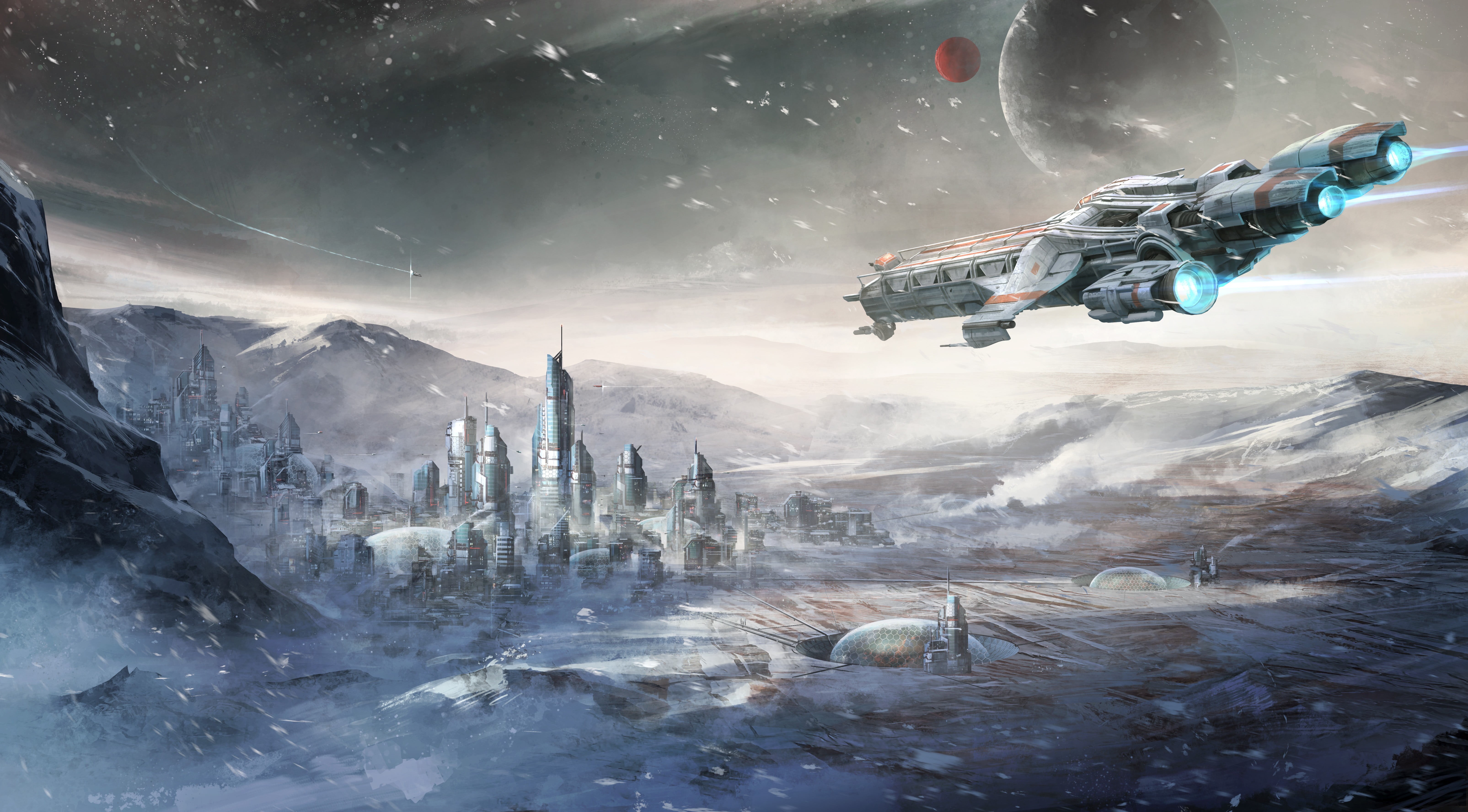 5K, travel destinations, video games, cold temperature, aircraft, flying, cityscape, beauty in nature, mode of transportation, winter, digital composite, HD Wallpaper