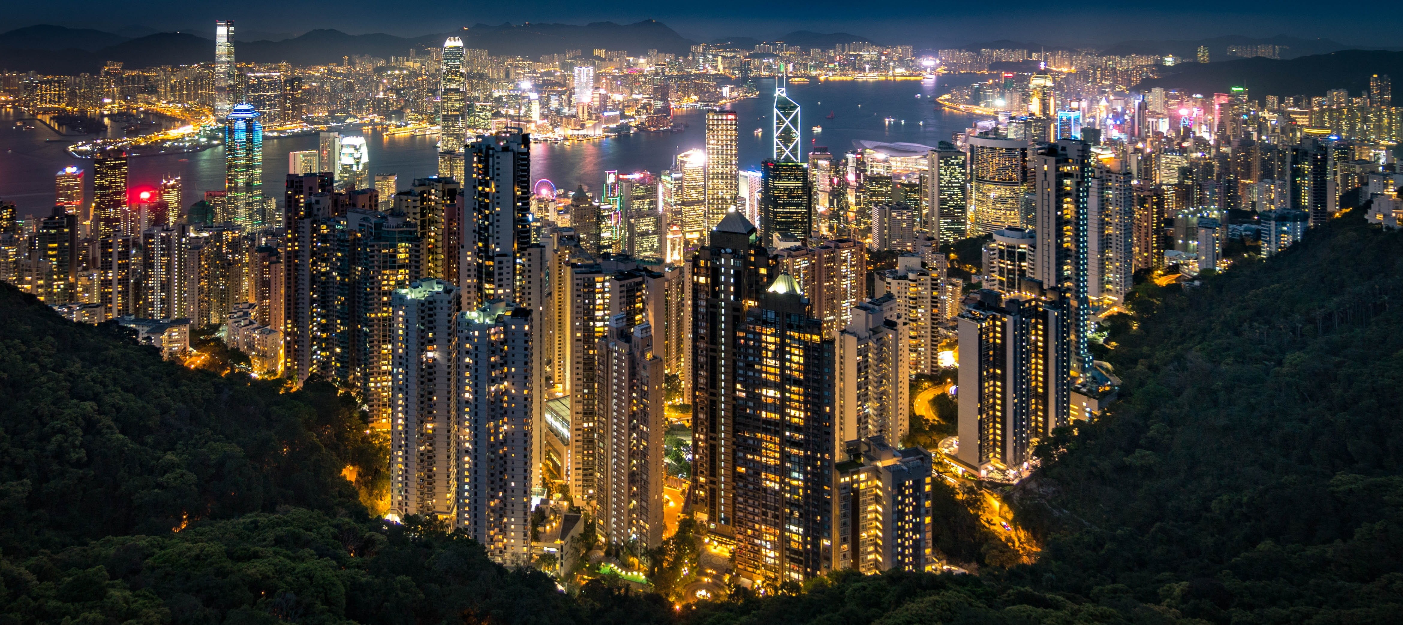 panorama, office building exterior, travel destinations, illuminated, apartment, skyline, city, 4K, high angle view, architecture, town center, night, HD Wallpaper