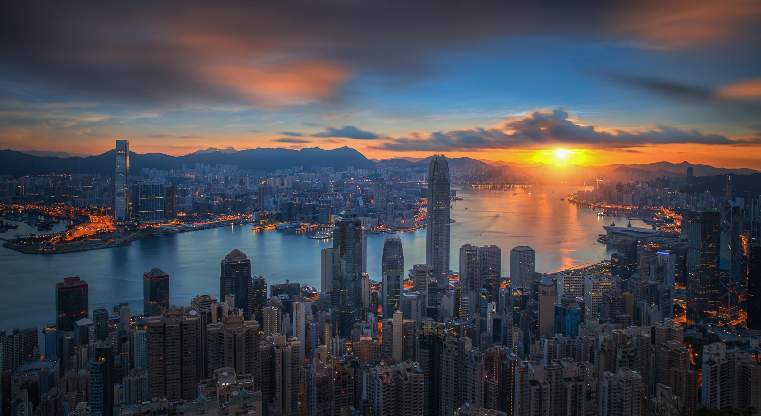 harbor, peak, atop, viewed, sunrise, victoria, 2K, HD Wallpaper