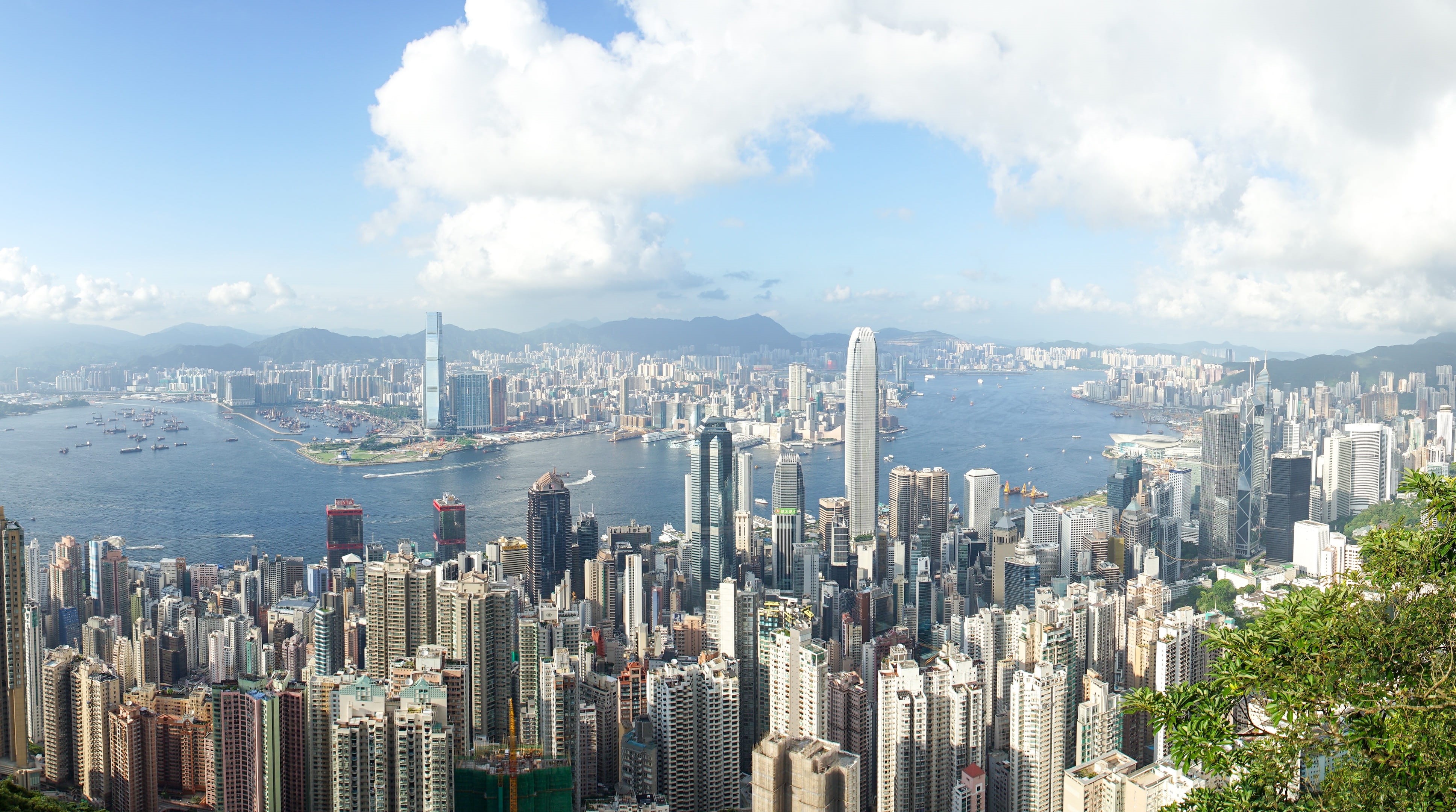 financial district, cloud - sky, 4K, sea, victoria peak, city, buildings, Cityscape, city life, crowded, residential district, landscape, nature, office building exterior, HD Wallpaper