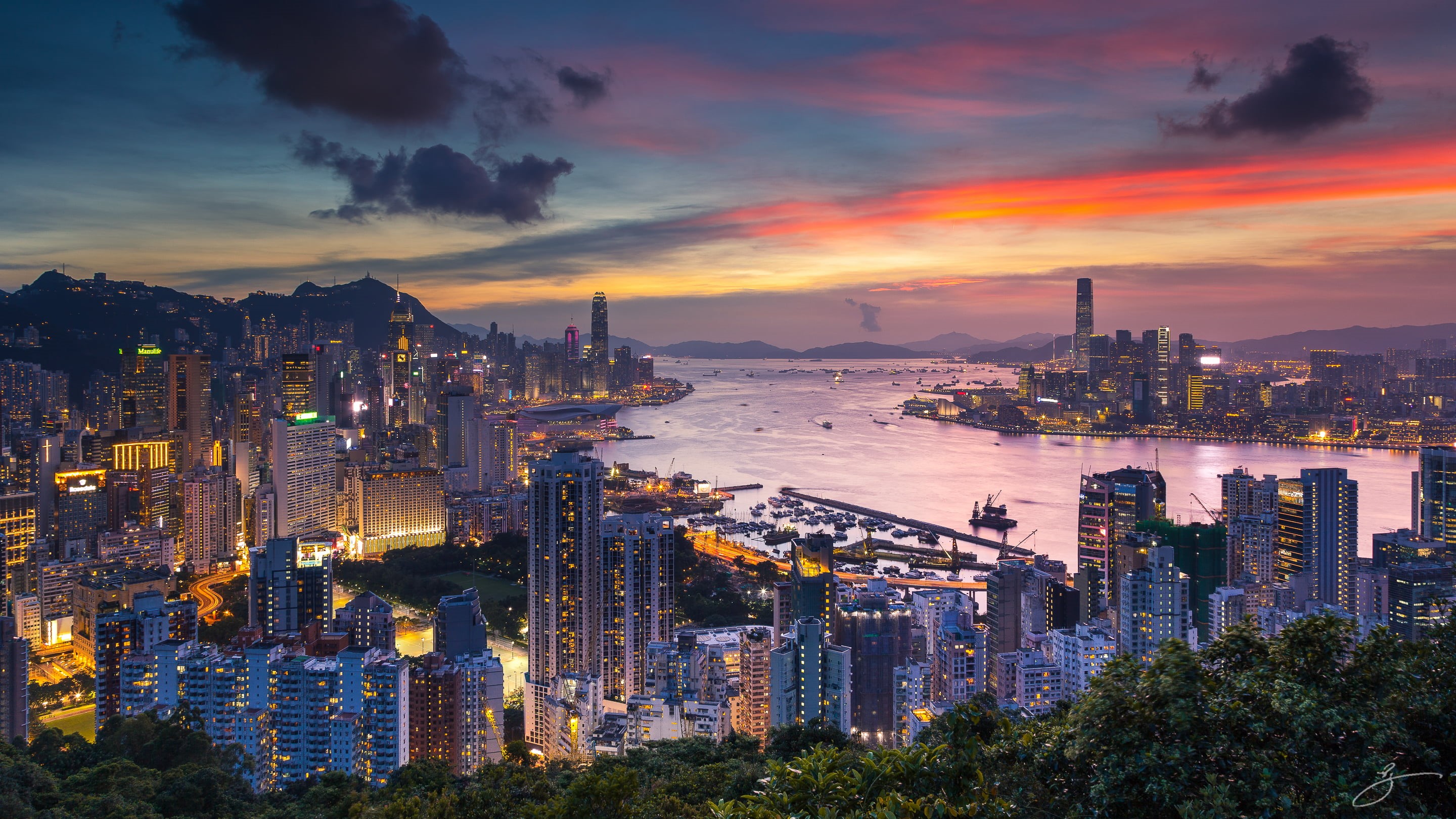 photography, aerial, Afterglow, 2K, skyscraper, asia, cityscape, bluehour, downtown District, sea, urban Skyline, Canon, victoria Peak, mountain Peak, HD Wallpaper