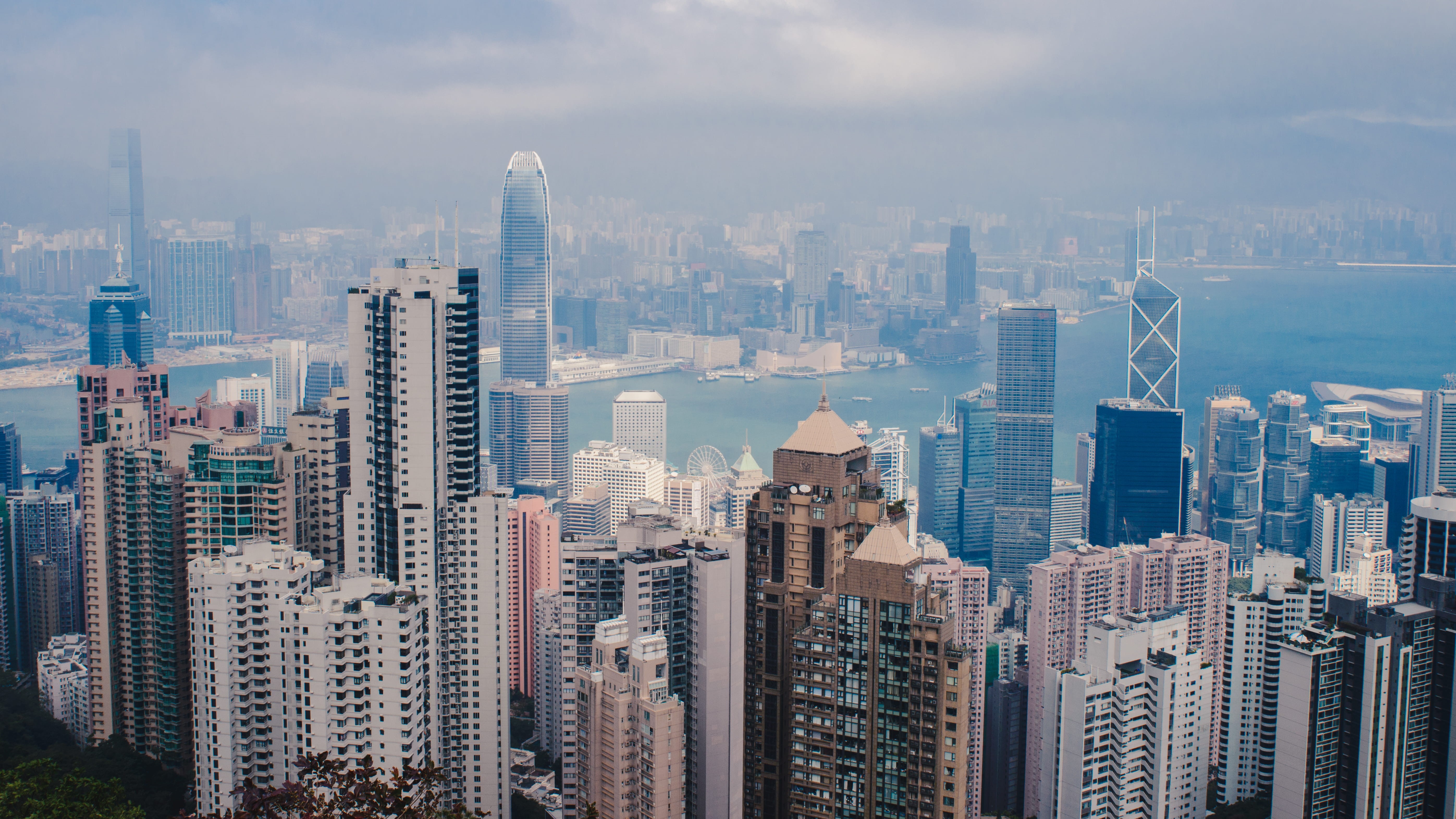 building, tower, office building exterior, water, building exterior, crowd, residential district, architecture, landscape, built structure, hong kong, city, HD Wallpaper