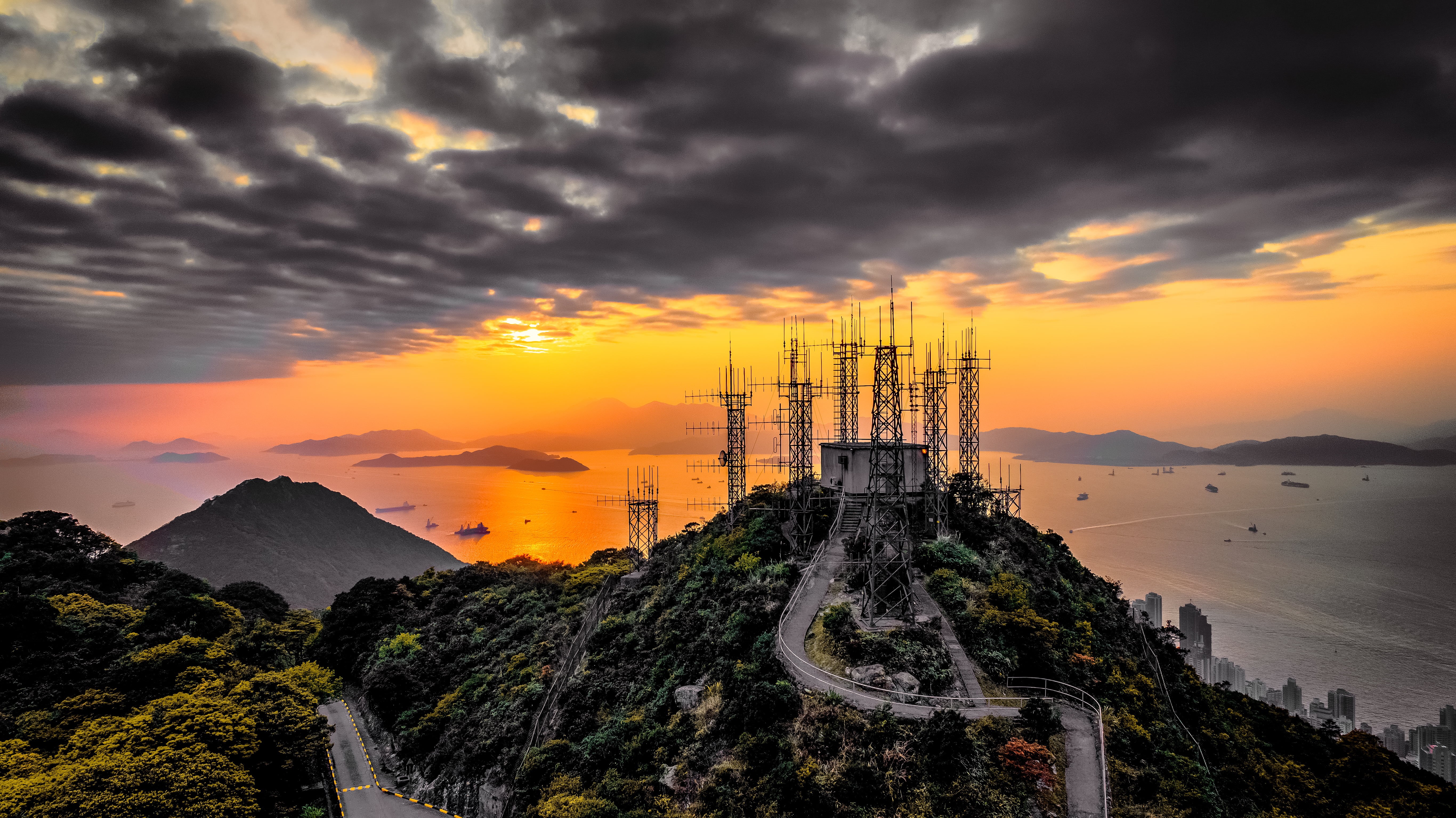pathway, mountain, asia, establishment, hong, dronestagram, kong, dusk, victoria, Lamma Channel, near, trees, tower, Sunset, wide, architecture, photography, HD Wallpaper