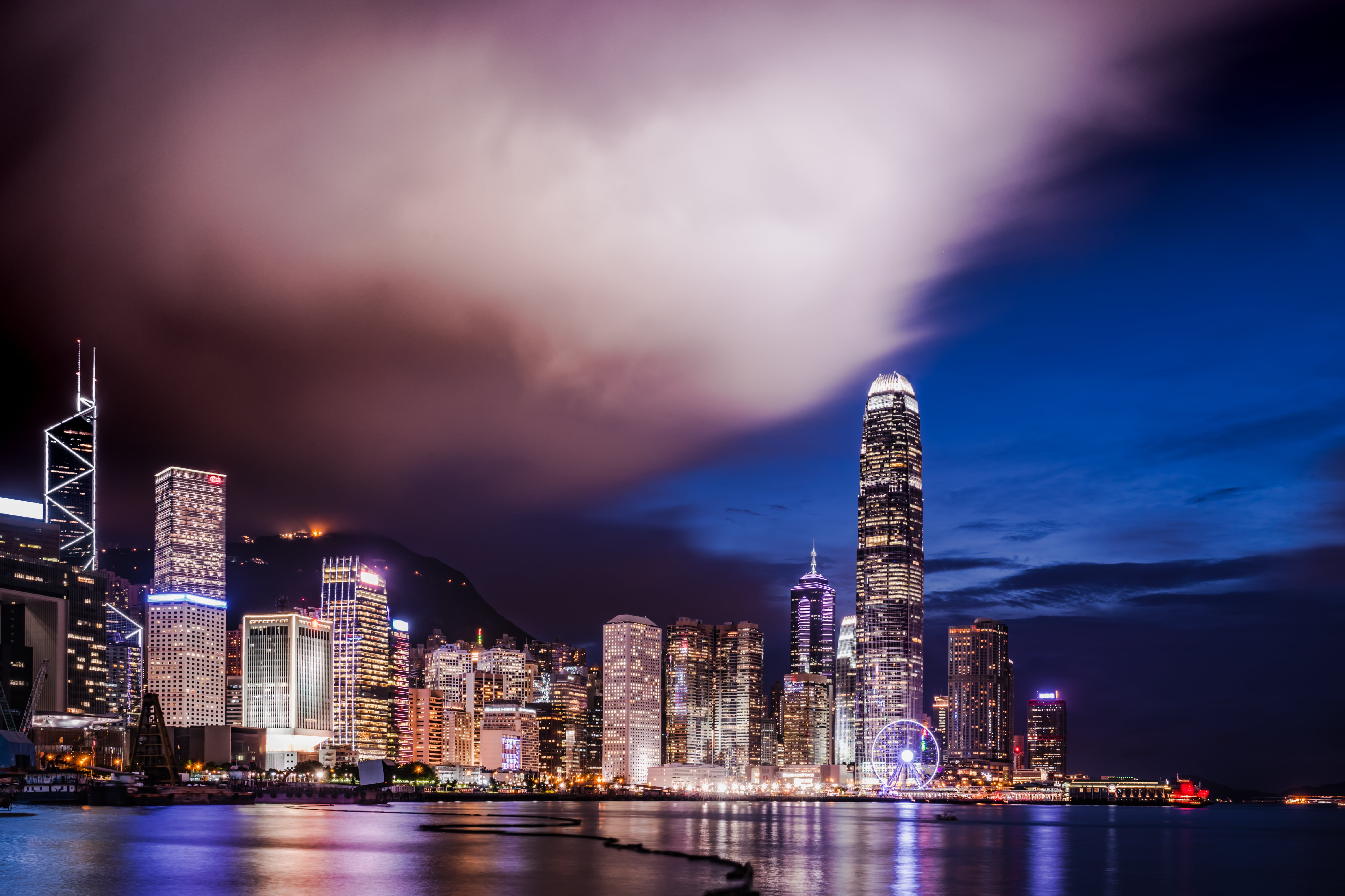 tower, dusk, body, building Exterior, 5K, city, ILCE-7M2, body of water, OSS, view, cityscape, high-rise buildings, sea, harbor, Wanchai, famous Place, HD Wallpaper