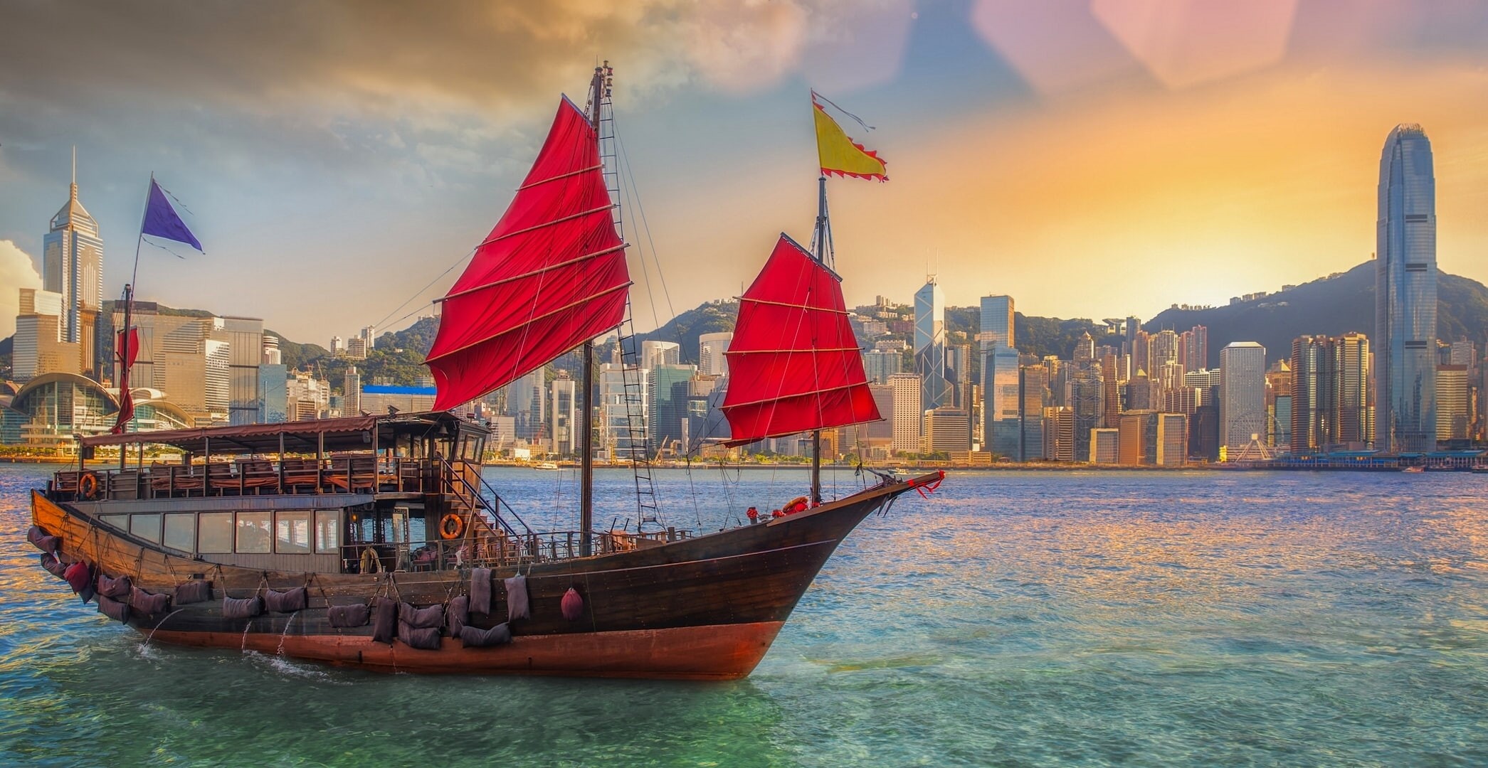 Bay, 1080P, junk, The Victoria Harbour, Hong Kong, building, China, the city, Victoria Harbour, HD Wallpaper