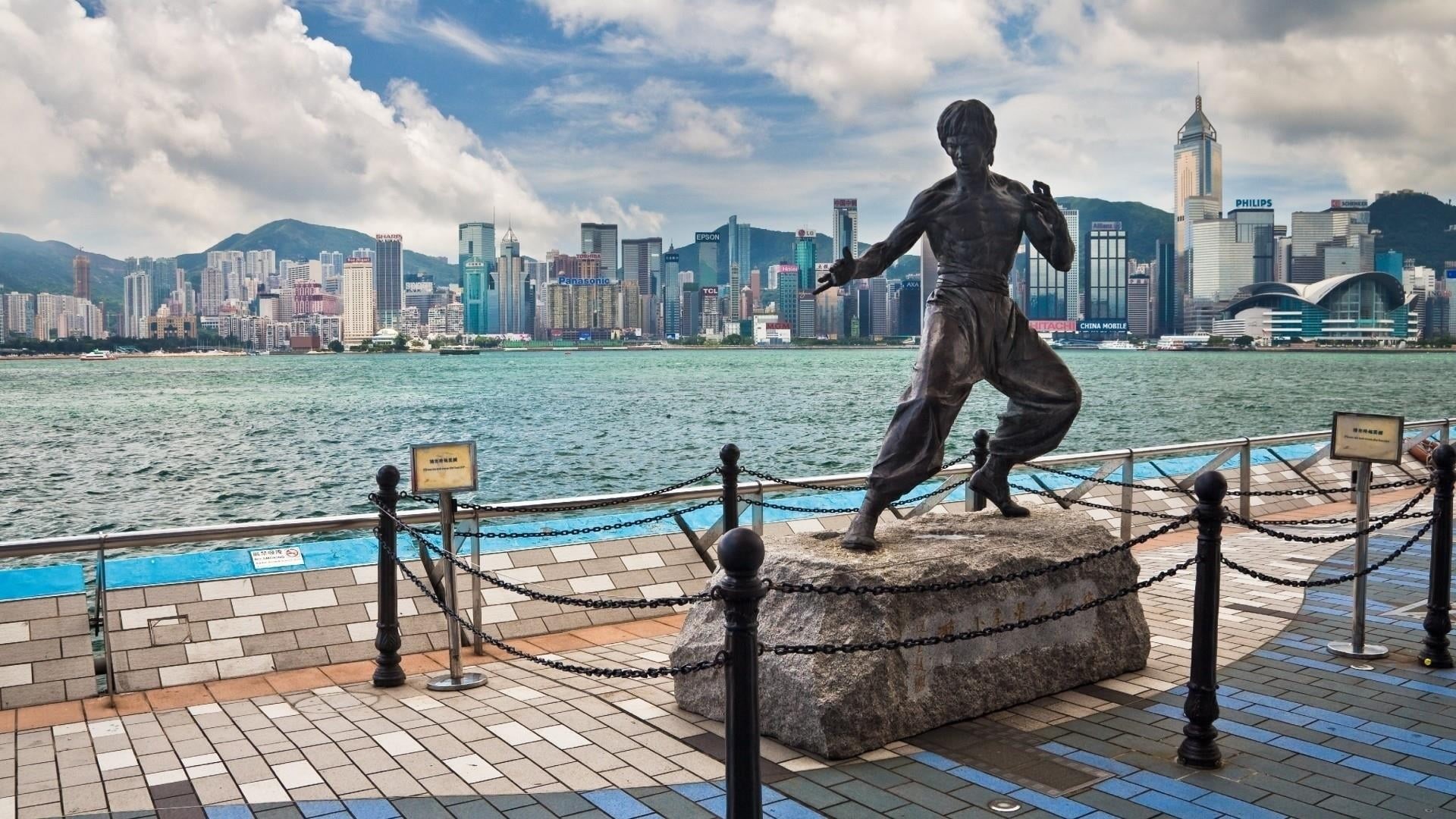 tsim sha tsui, sculpture, travel destinations, skyline, asia, architecture, avenue of stars, office building exterior, cloud - sky, skyscraper, nature, HD Wallpaper