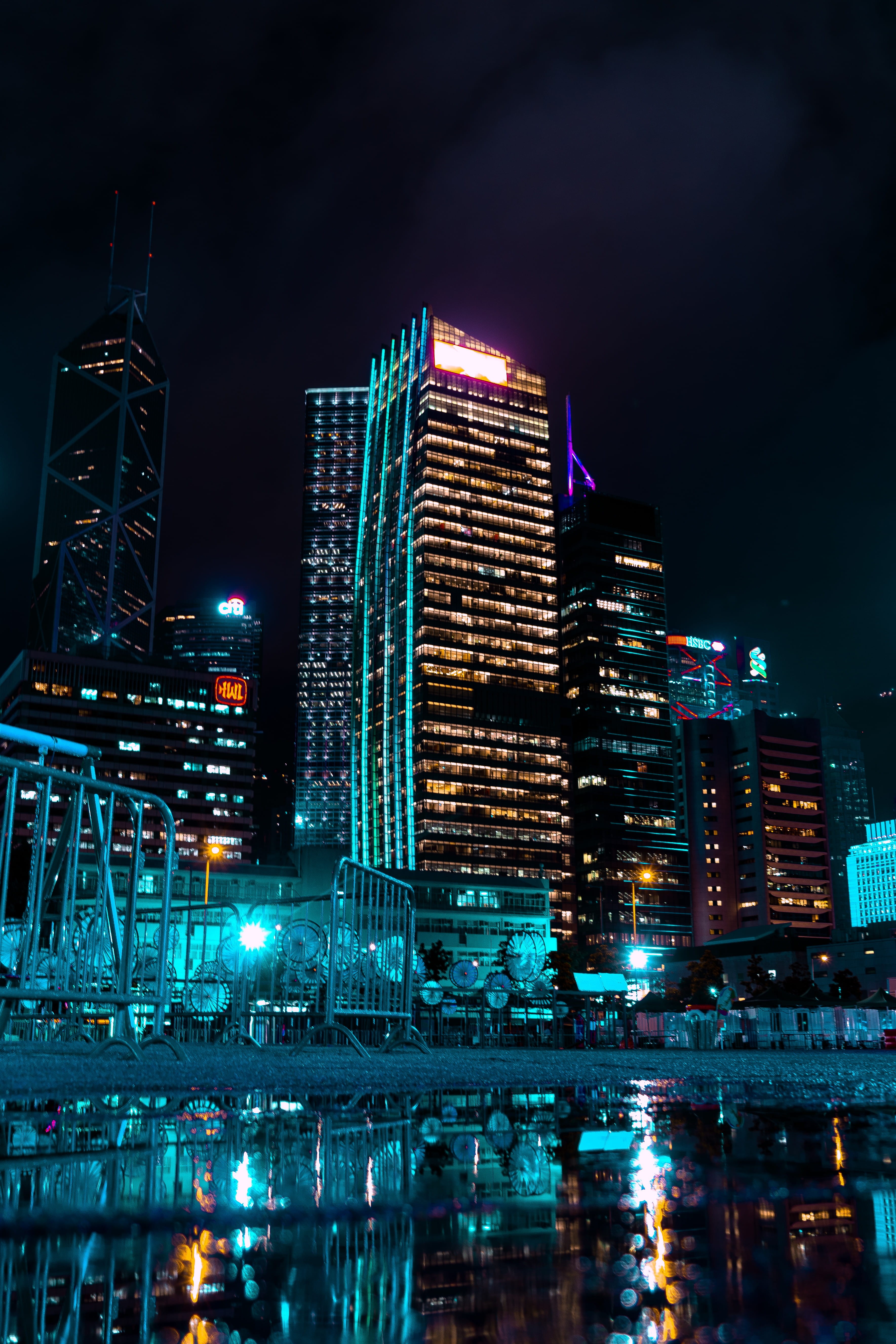 high rise, built structure, no people, sky, waterfront, tower, skyline, downtown, office building exterior, nightlife, water, skyscraper, city, architecture, Phone HD Wallpaper
