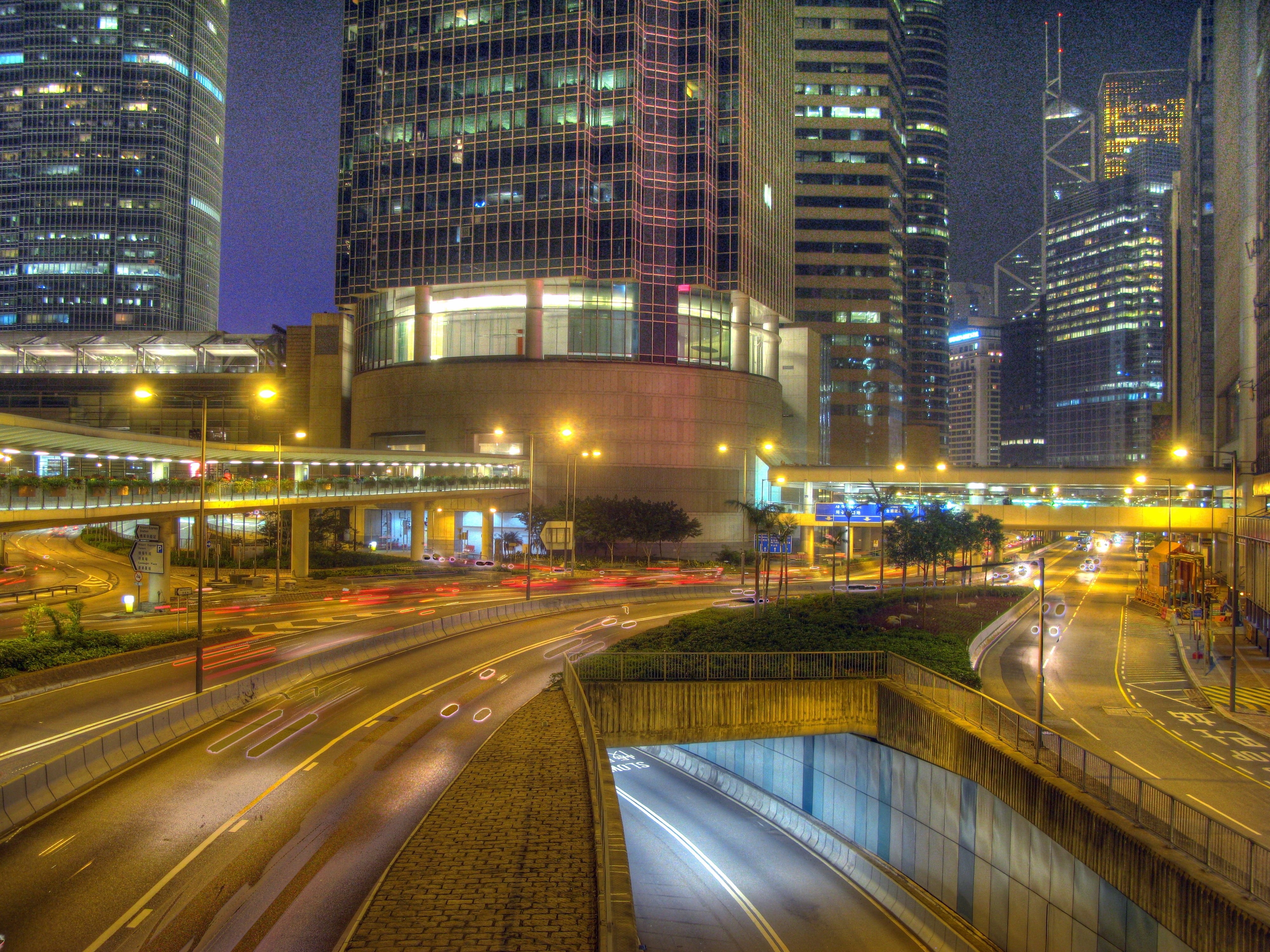 skyscraper, night time, Connaught, architecture, 4K, buildings, time, car, city, highway, skyscrapers, Asia, Central  Hong Kong, Hong Kong Island, cityscape, HD Wallpaper