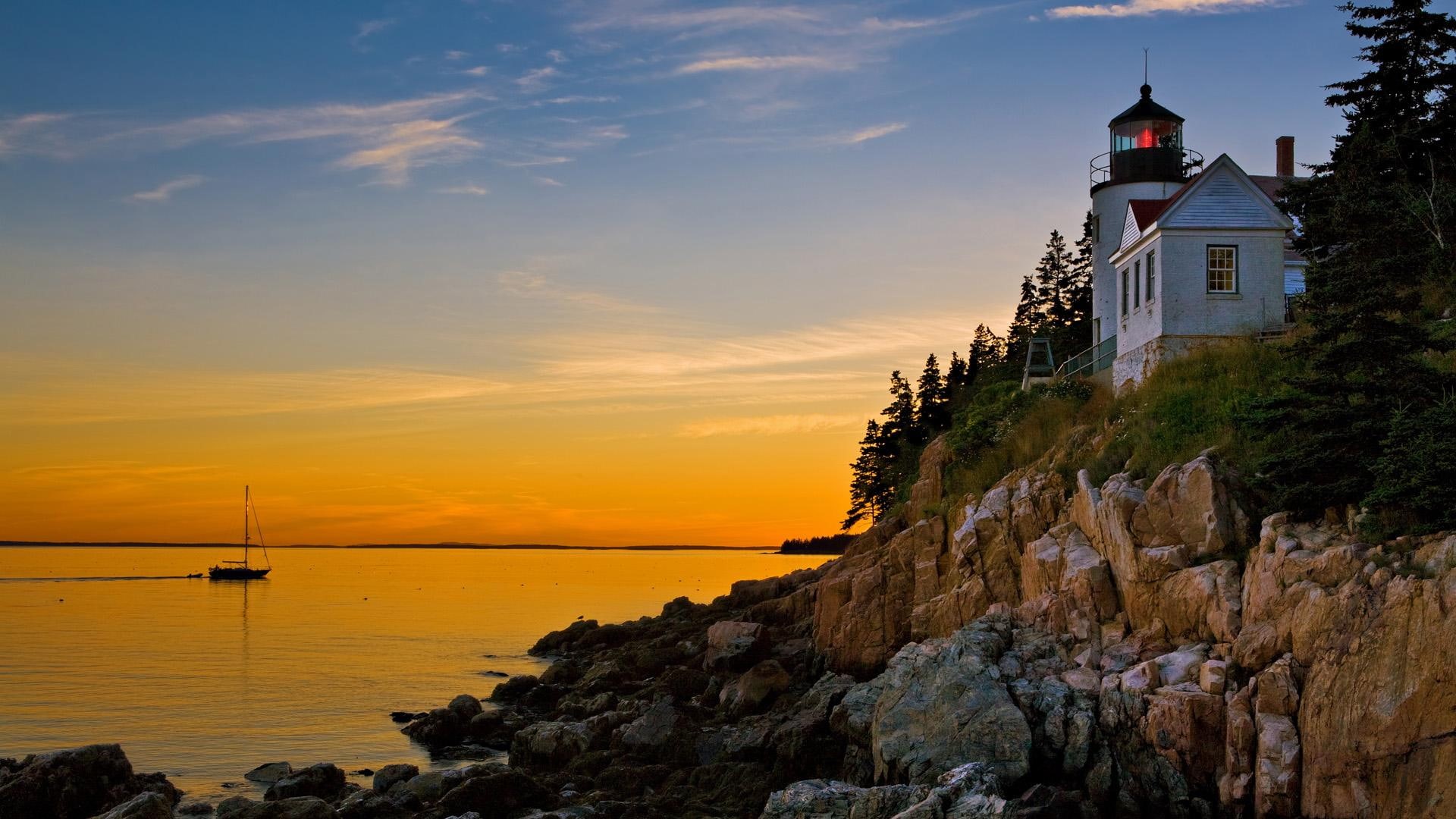 bass, national, lighthouse, 1080P, boat, maine, park, ocean, acadia, animals, harbor, HD Wallpaper