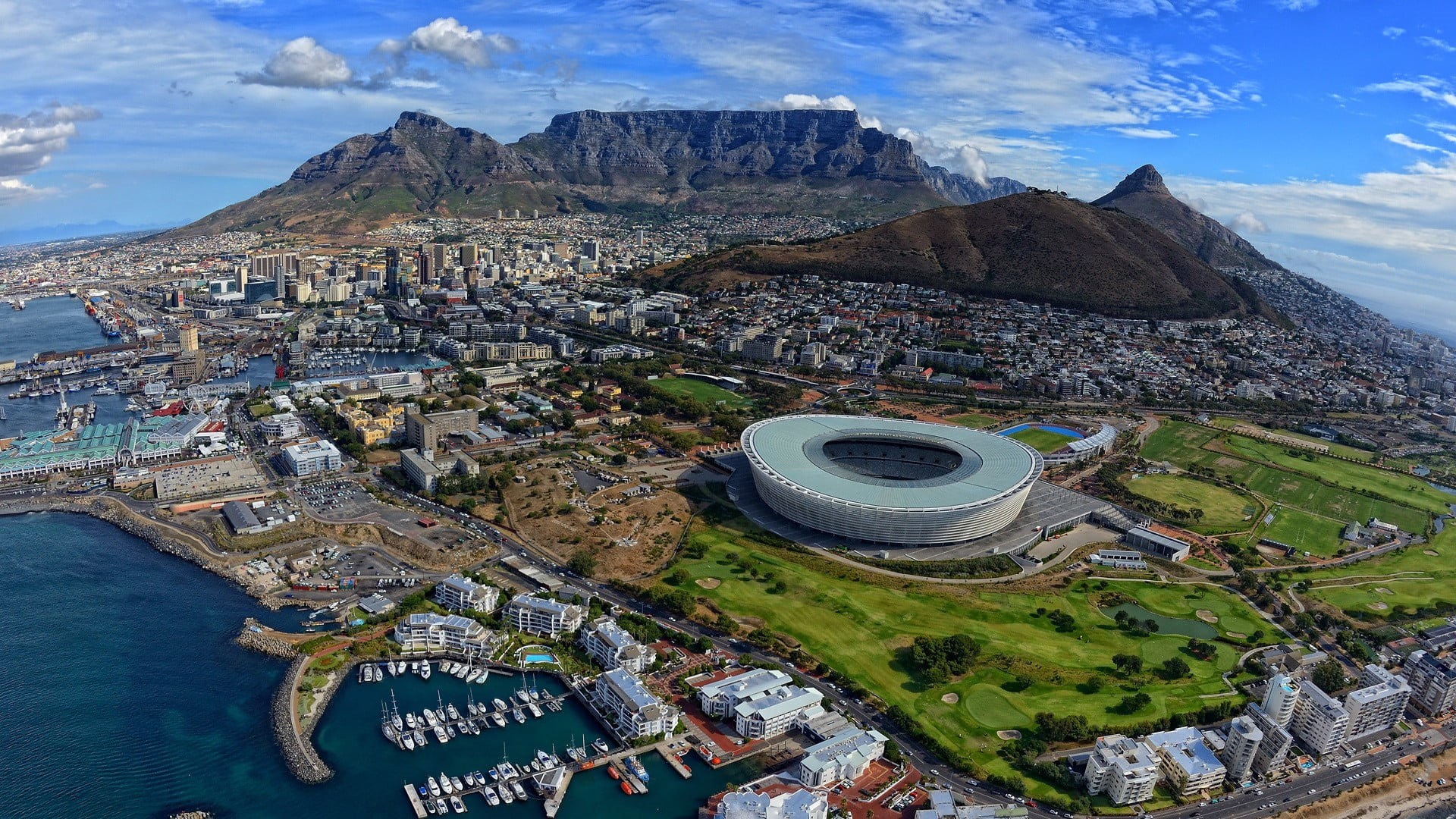 illustration, europe, outdoors, Cape Town, landscape, urban Skyline, Mother City, sky, coastline, vacations, day, blue, mountain range, sea, stadium, building, HD Wallpaper