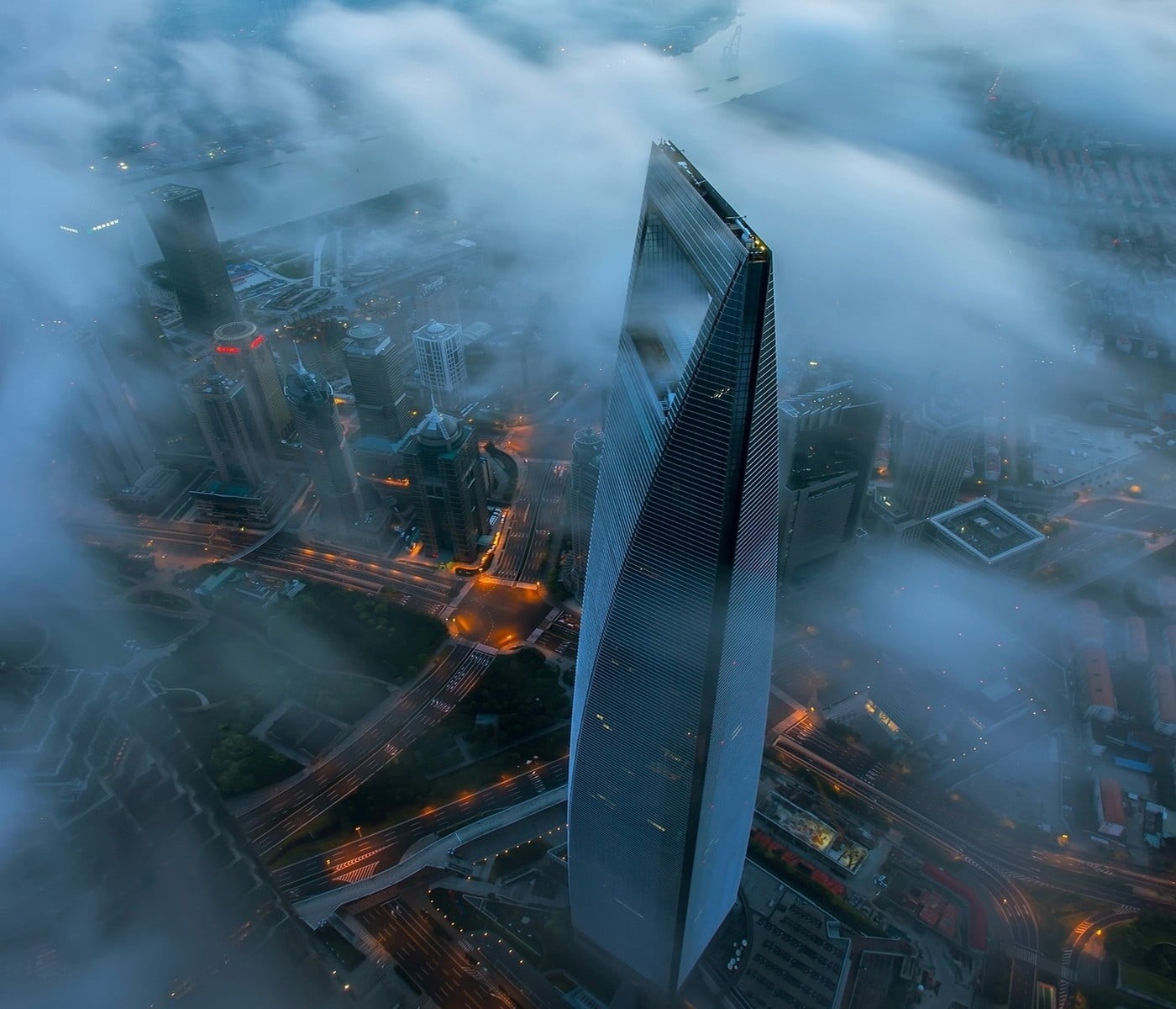 urban Scene, outdoors, sky, fog, center, metropolis, s, world, business, 720P, illuminated, high angle view, China, city, urban, nature, asia, cityscape, HD Wallpaper