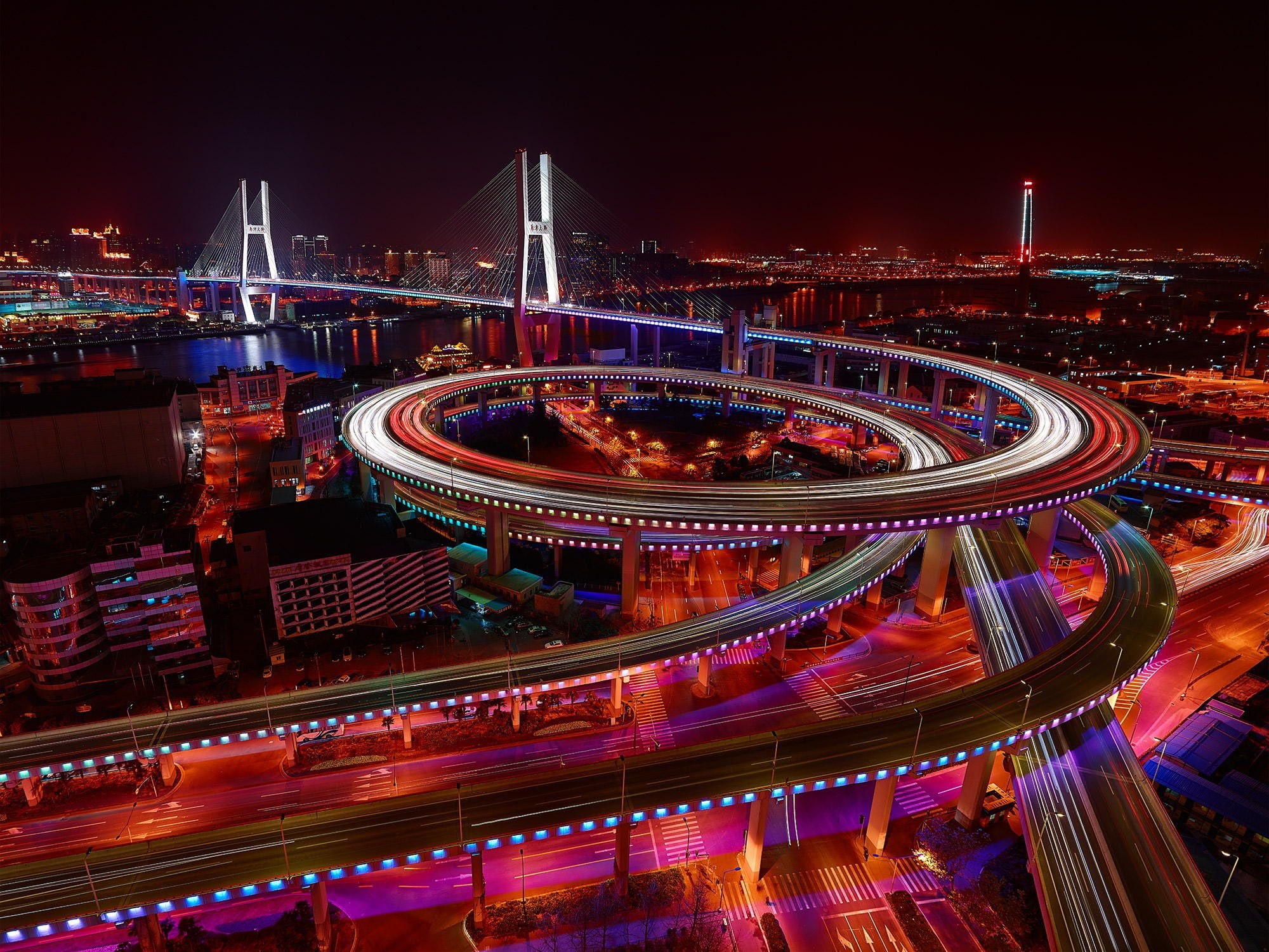 cityscape, skyscraper, modern, road, neon, office building exterior, high angle view, motion, bridge, built structure, architecture, traffic, light trail, HD Wallpaper