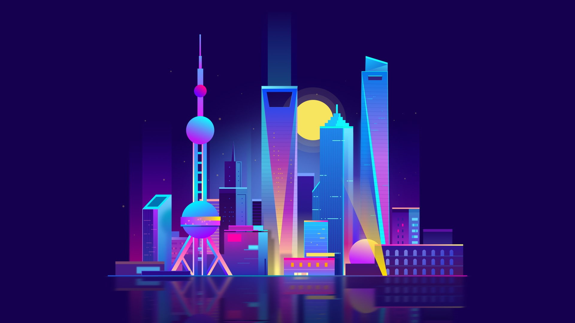 building exterior, artwork, dribbble, copy space, architecture, illustration, blue, glowing, minimalist, electric lamp, multi colored, nightlife, 1080P, HD Wallpaper
