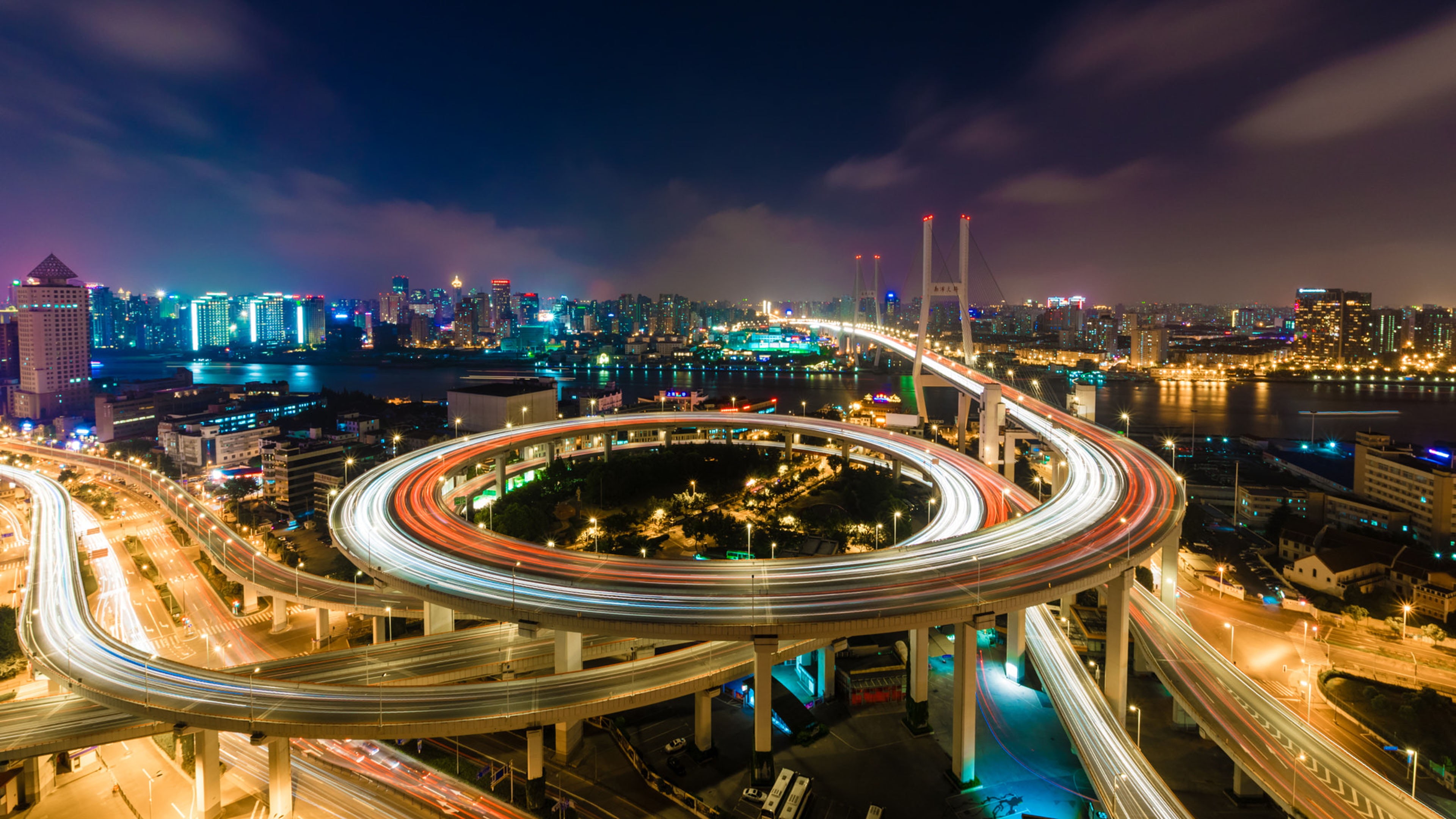 cityscape, building, china, high angle view, road, ultra, hd, bridge - man made structure, street, nanpu, light trail, architecture, city, phones, traffic, HD Wallpaper