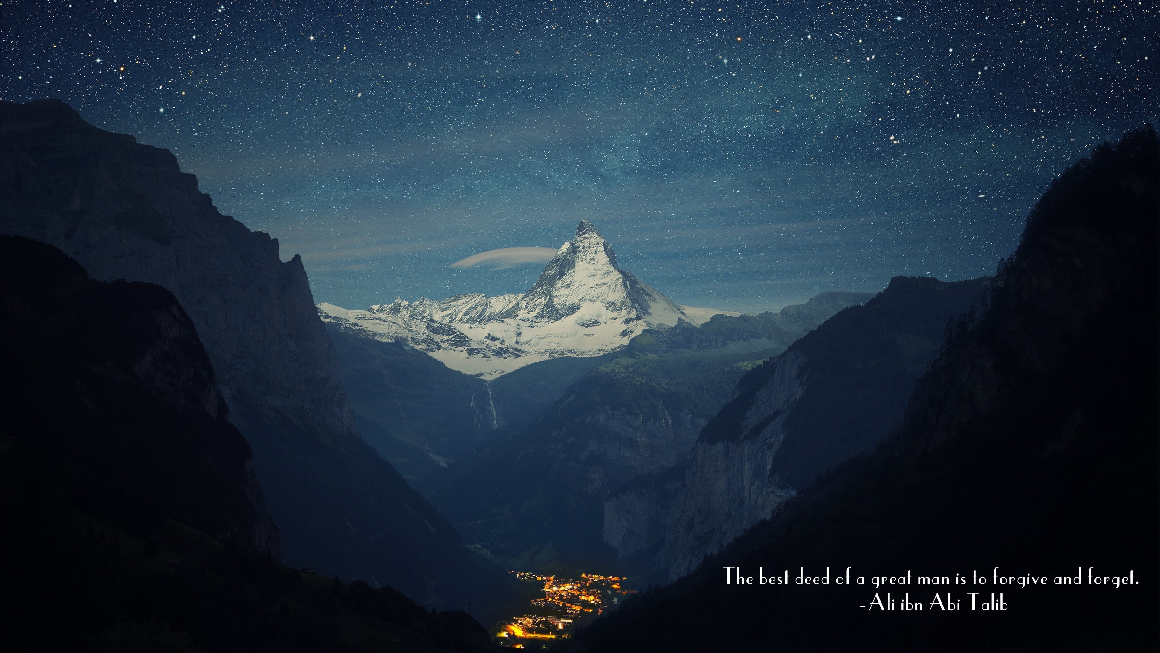 mountain, quote, Islam, 4K, Imam, stars, Mountain Pass, town, Ali Ibn Abi Talib, HD Wallpaper