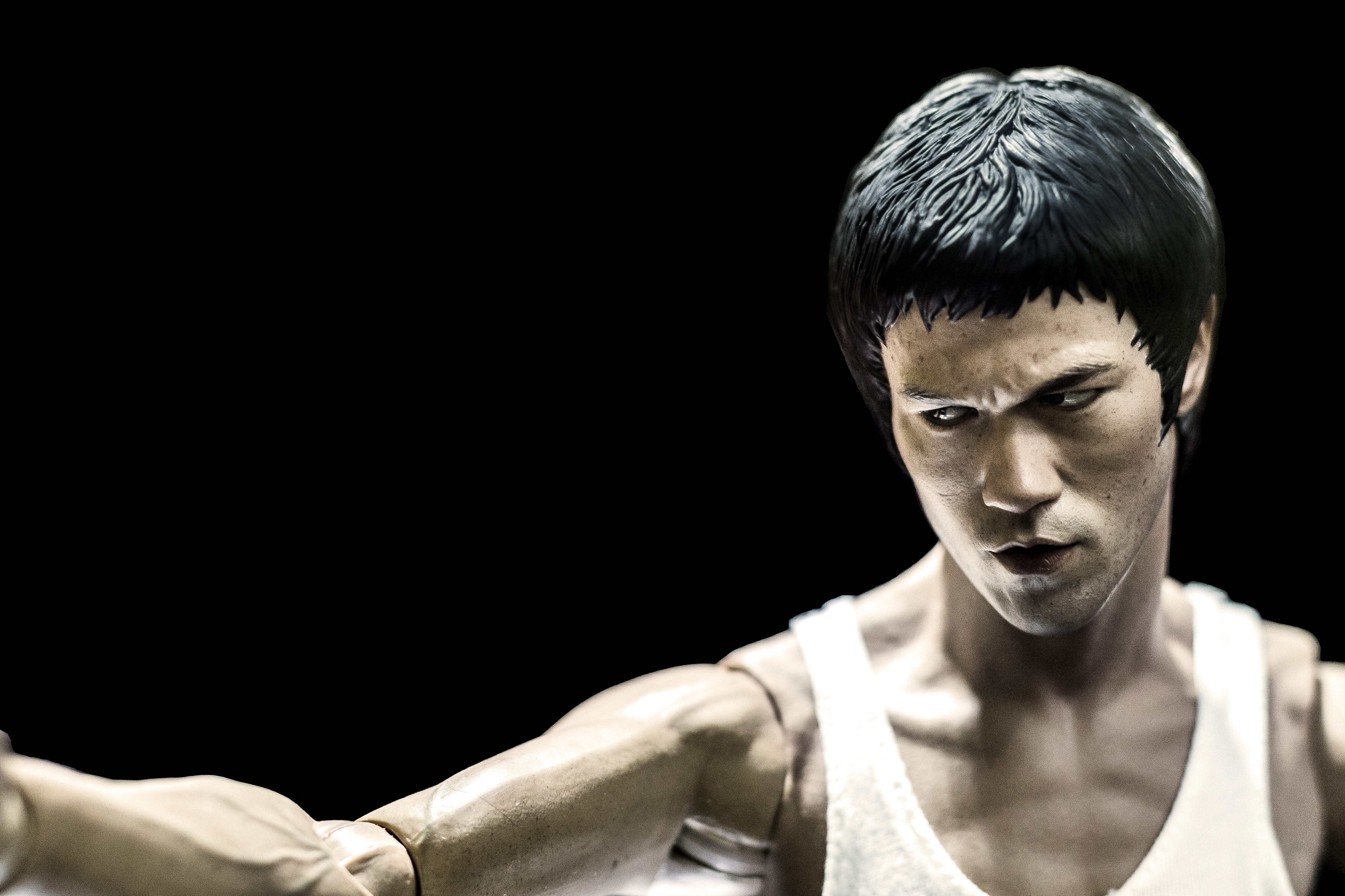copy space, lee, contemplation, kung fu, focus on foreground, figure, doll, headshot, black, portrait, looking at camera, indoors, young men, fight, 5K, HD Wallpaper