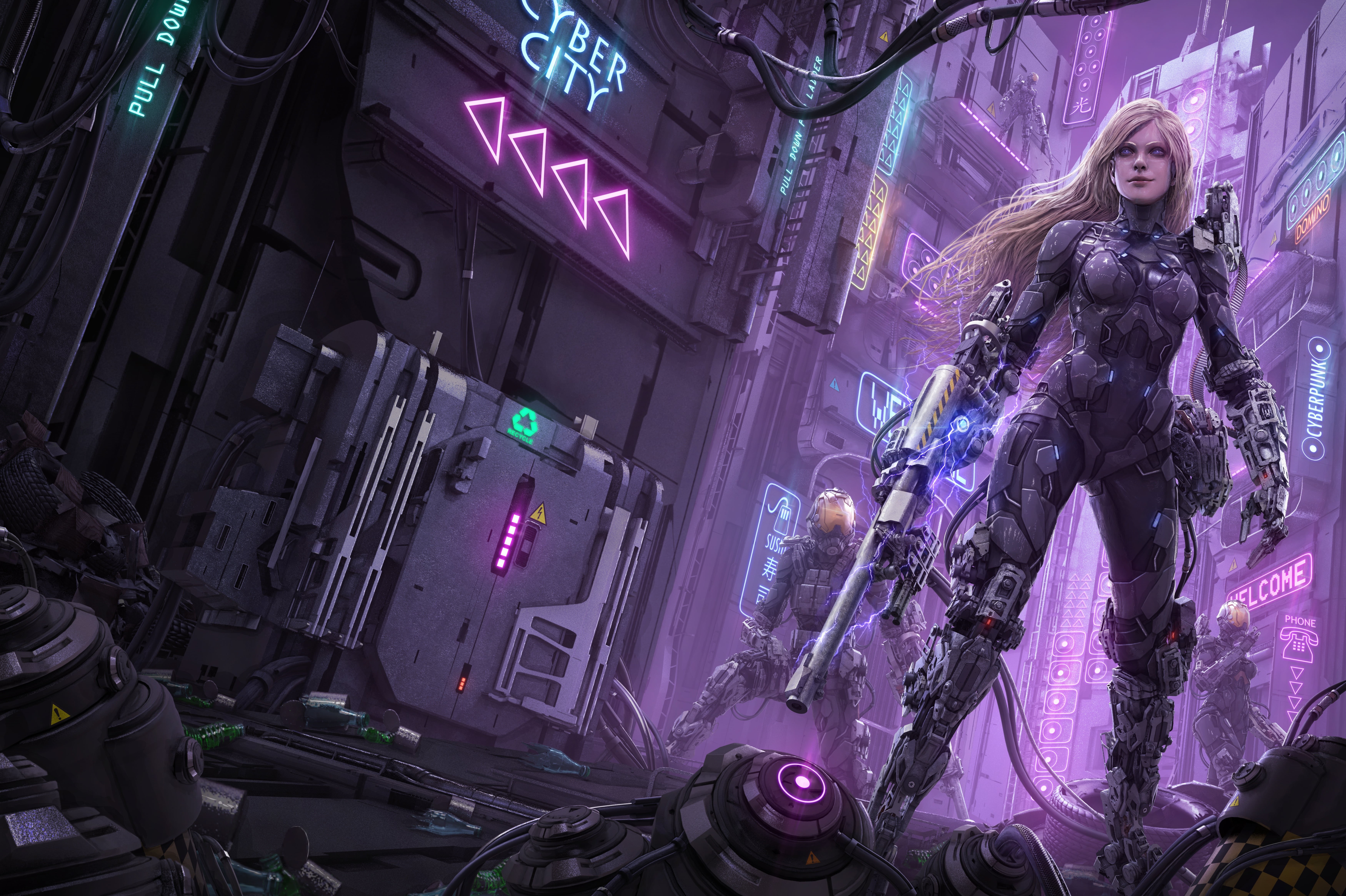 neon, futuristic armor, purple, young women, futuristic city, building exterior, blonde, city, portrait, clothing, hairstyle, young adult, architecture, HD Wallpaper