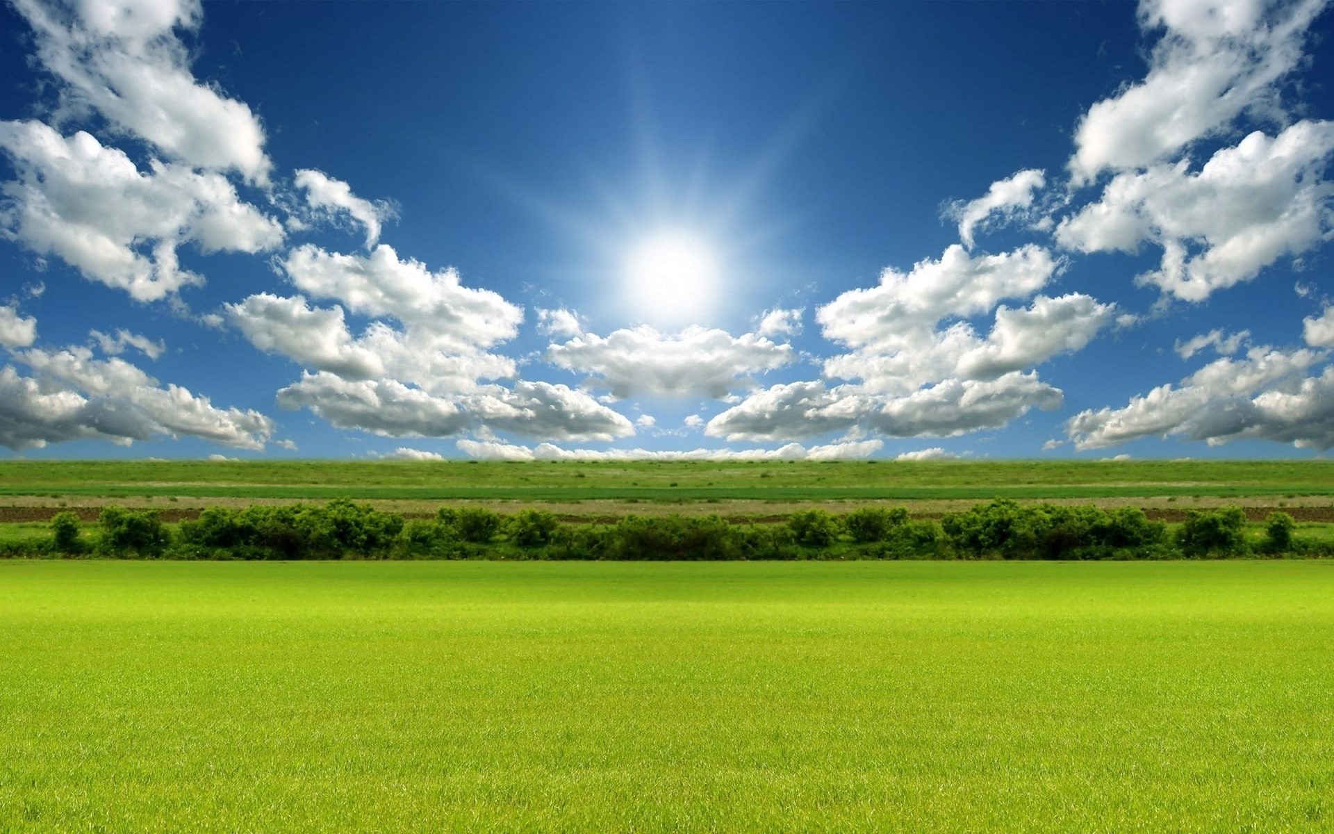 tranquility, bright, outdoors, field, plant, green - golf course, cloud - sky, sunlight, green color, land, tranquil scene, 1080P, plain, meadow, sky, HD Wallpaper