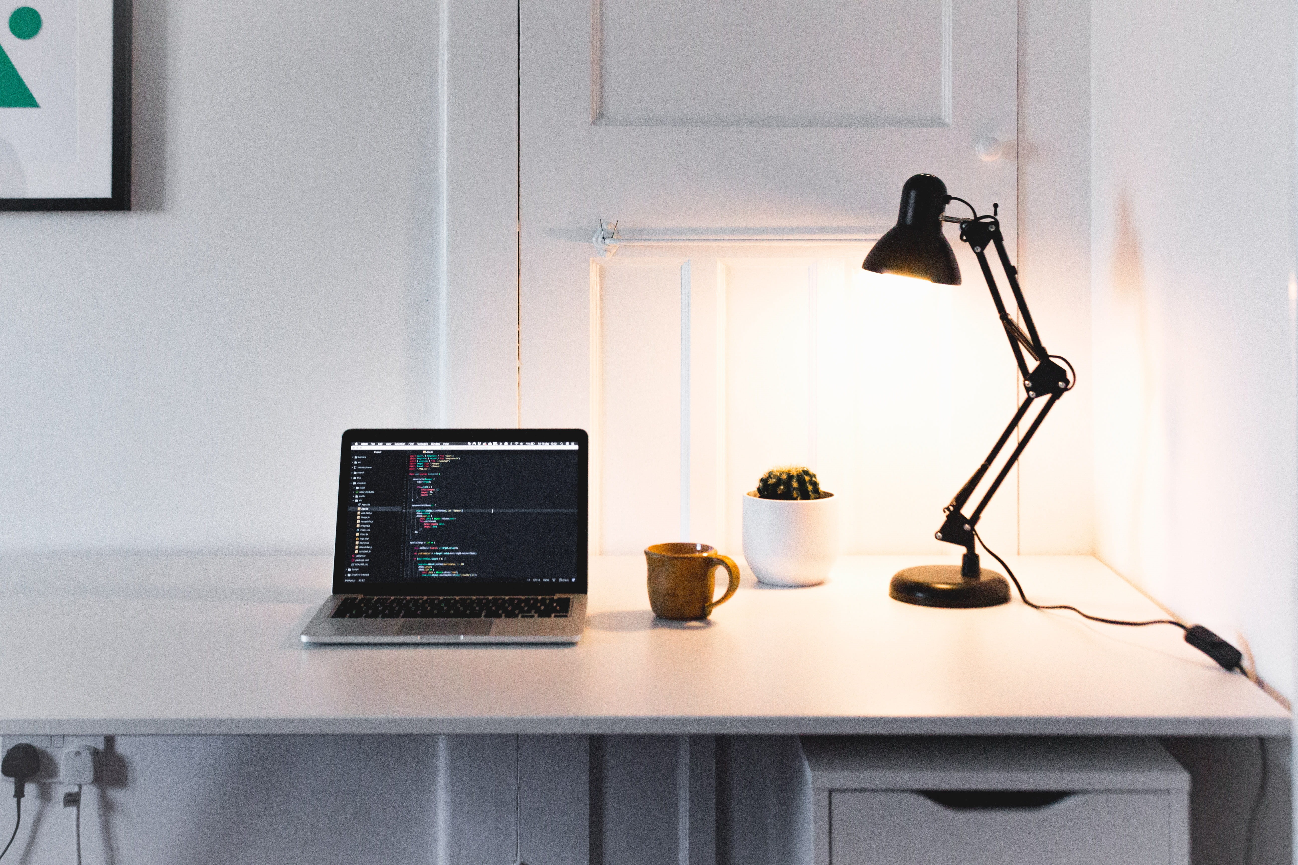 laptop, coffee, turned, modern, gray, no people, light, drawers, technology, 5K, macbook pro, corporate business, electric lamp, home interior, morning, HD Wallpaper