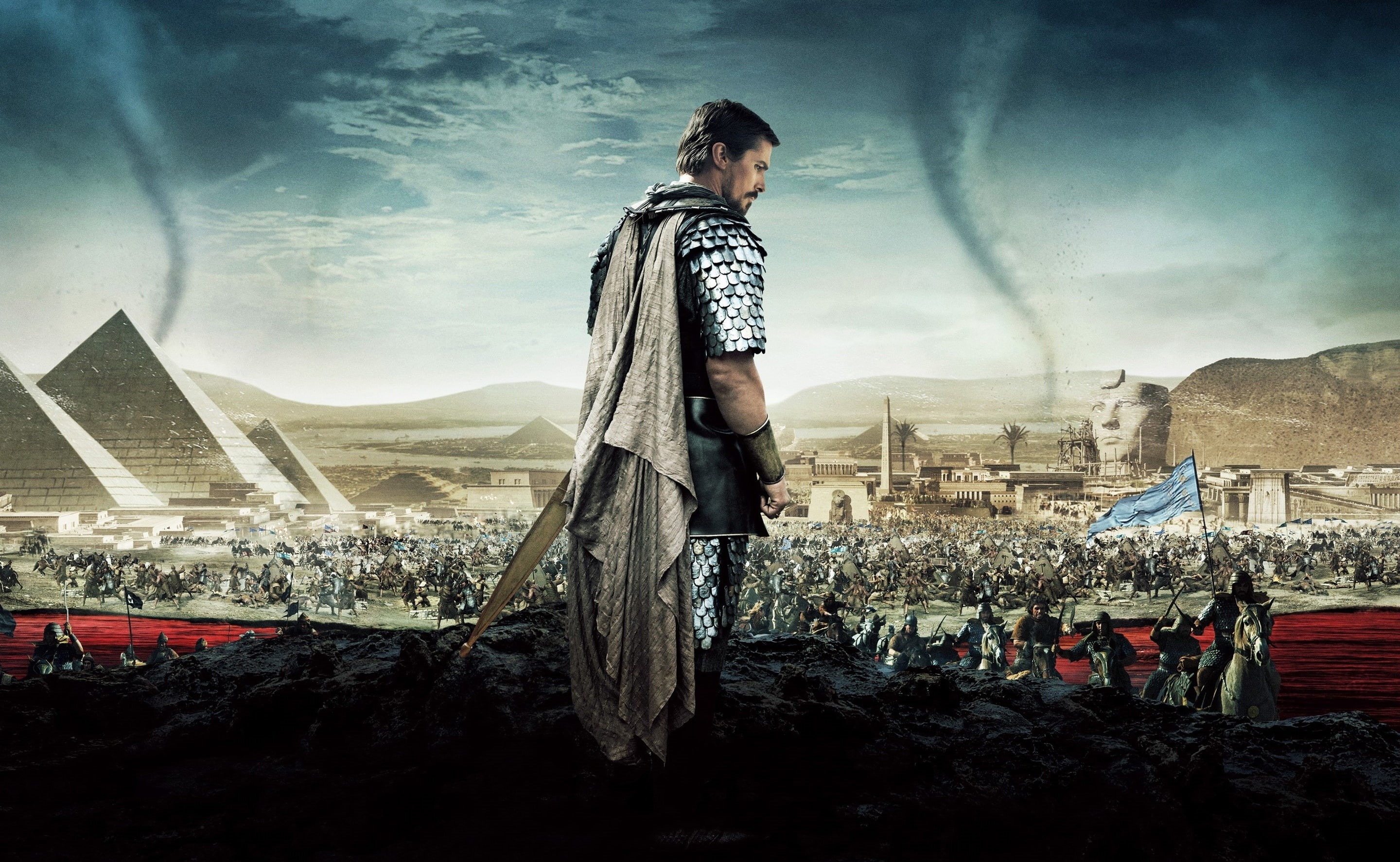 sky, Other Movies, building exterior, standing, armor, cloud - sky, 2014, 2K, Film, scarf, digital composite, Kings Christian Bale, building, people, Exodus, HD Wallpaper