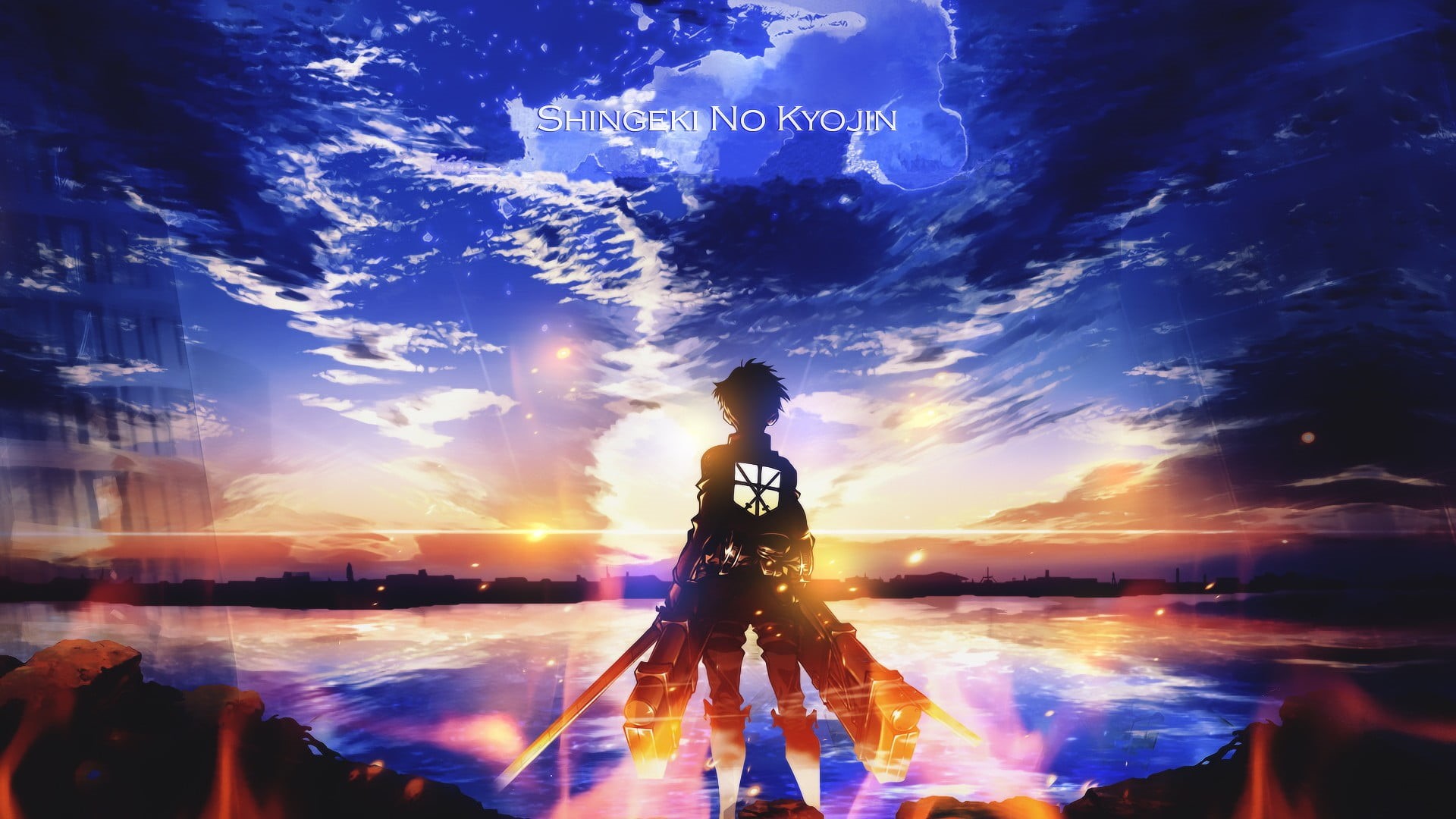 sky, city, illustration, shingeki, standing, 1080P, sunset, lifestyles, leisure activity, three quarter length, digital composite, Shingeki no Kyojin, HD Wallpaper