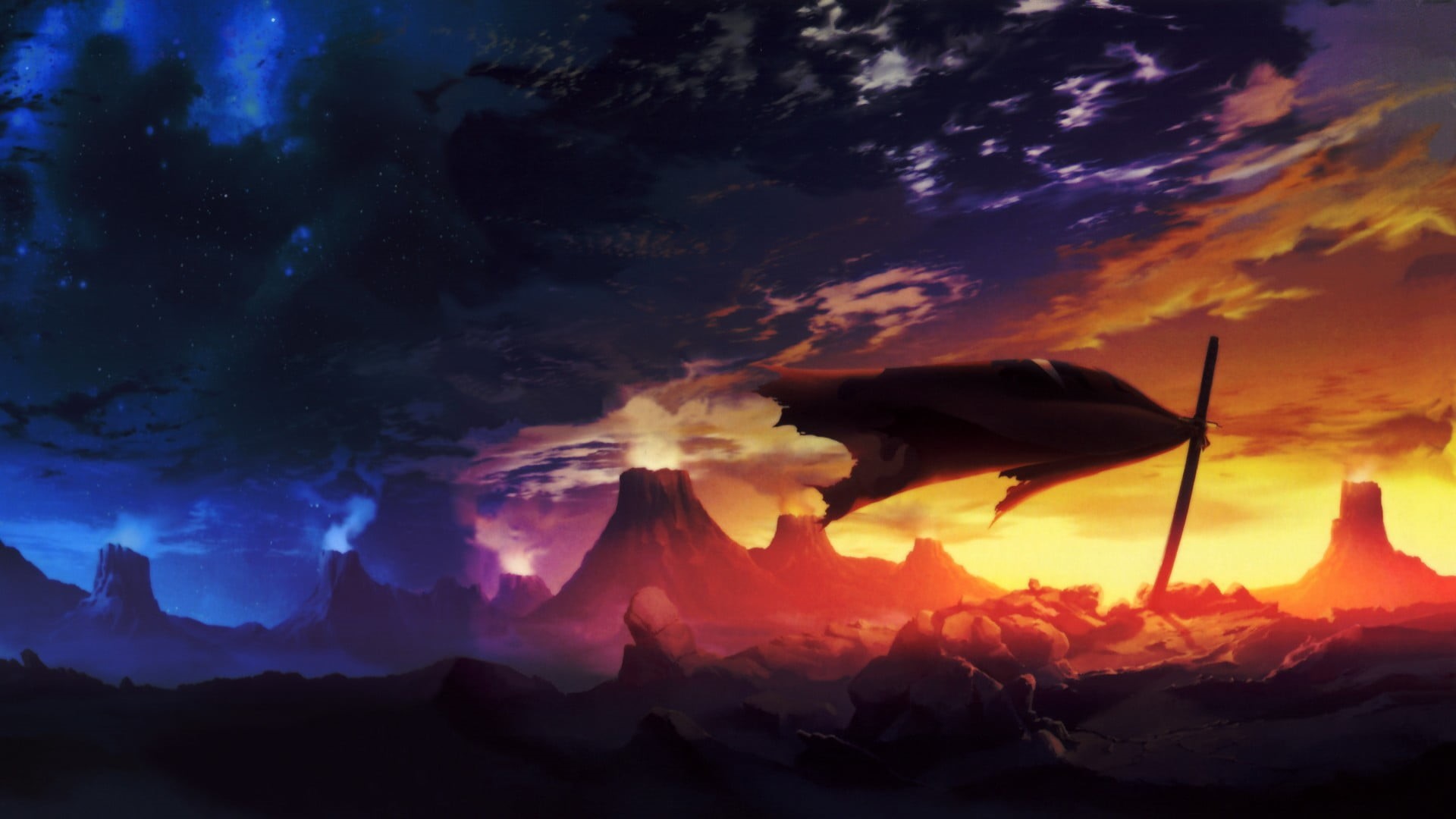 mountains, mountain, Tengen Toppa Gurren Lagann, sky, 1080P, no people, scenics - nature, ominous, fantasy art, tranquility, environment, sign, nature, HD Wallpaper