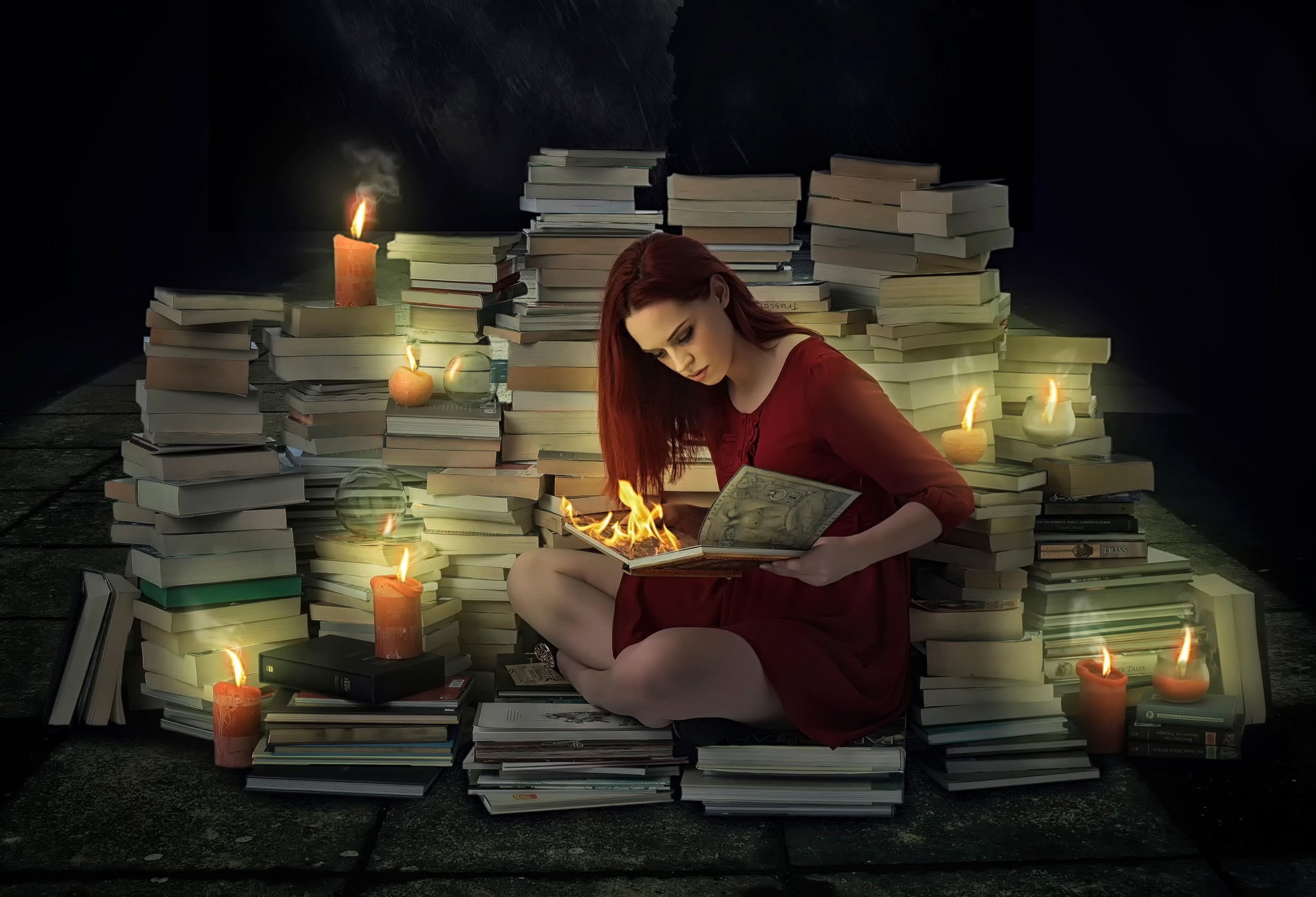 one person, glowing, reading, indoors, publication, dark, electric lamp, candle, burning, flame, books, illuminated, real people, lighting equipment, hairstyle, HD Wallpaper