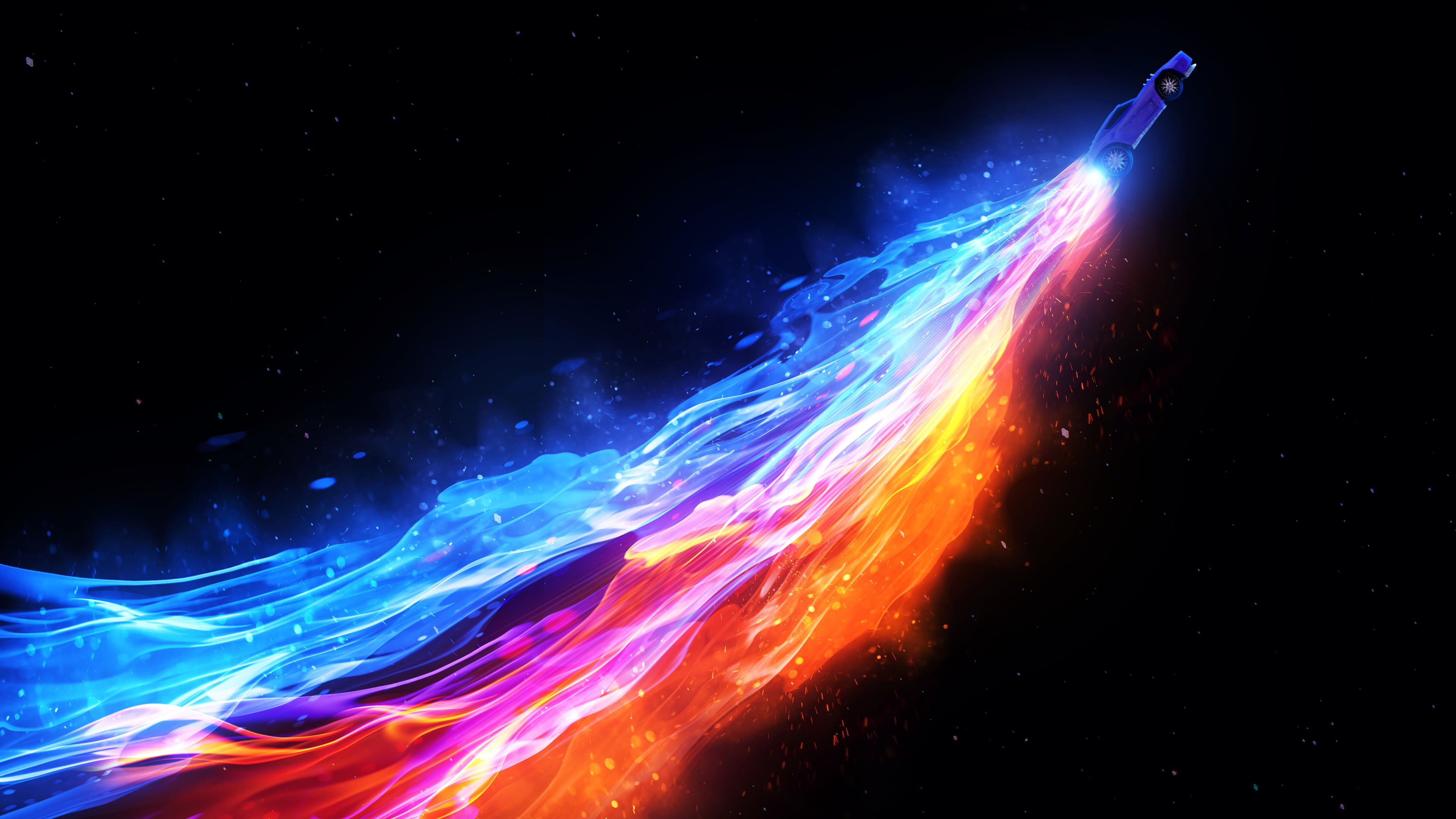 rocketleague, water, light trail, space, multi colored, 4K, turbo, illuminated, pattern, sports car, black background, studio shot, nature, HD Wallpaper