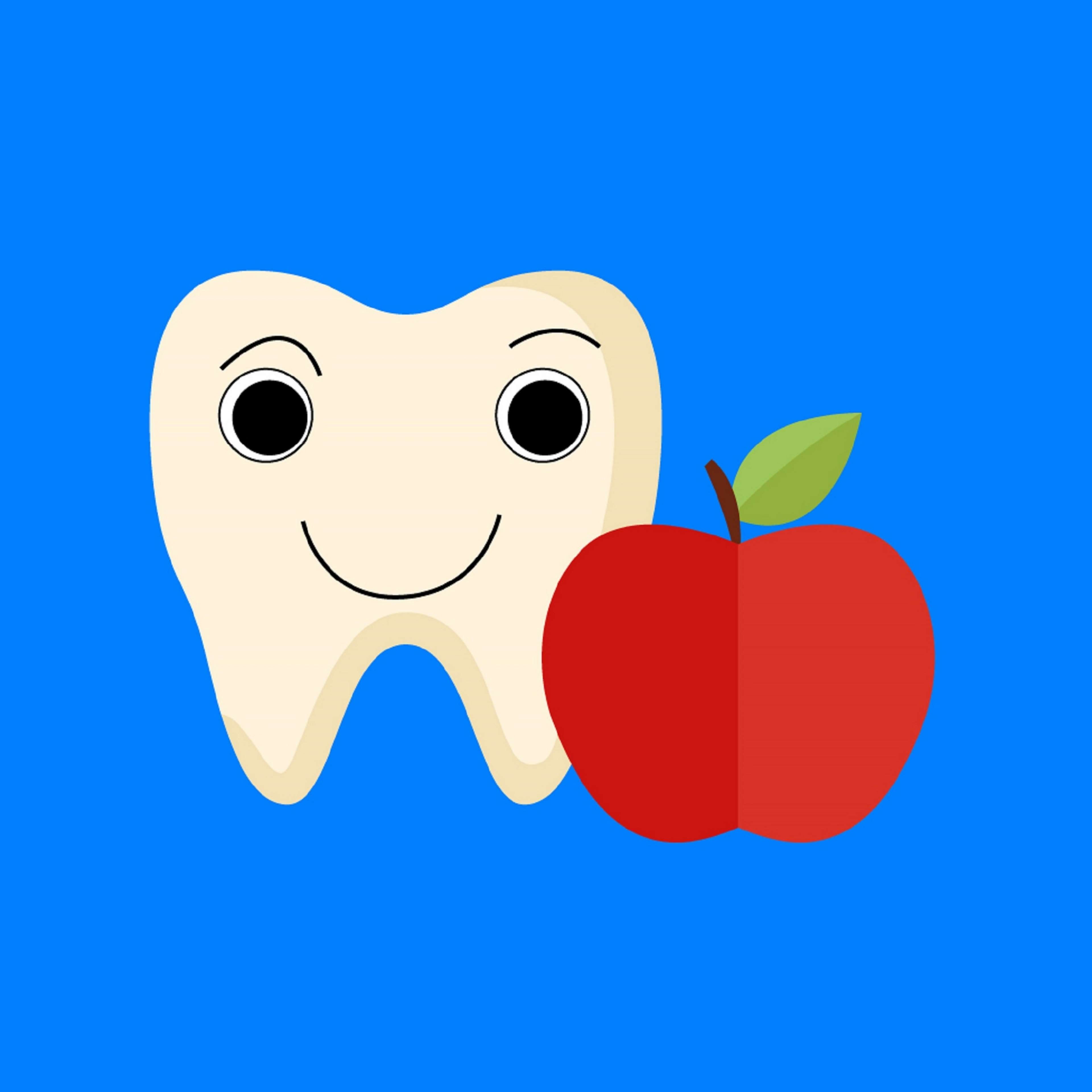 yellow, dentist, eating healthy, 4K, blue, colored background, no people, teeth, positive emotion, smiling, mammal, animal themes, apple, animal, dentistry, Phone HD Wallpaper