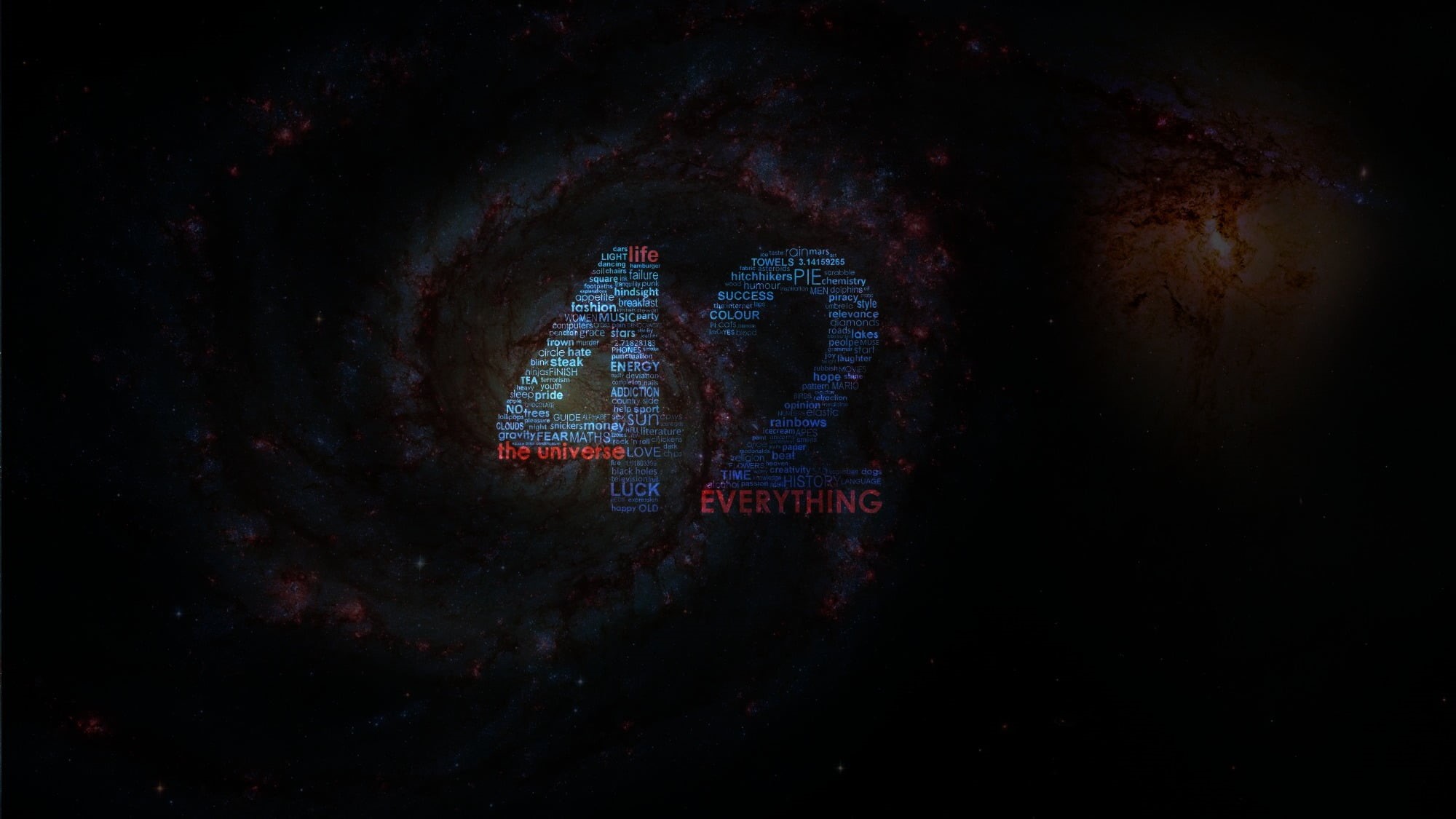communication, typography, connection, red, 1080P, text, 42, internet, black background, illuminated, galaxy, night, technology, digital composite, The Hitchhikers Guide to the Galaxy, HD Wallpaper