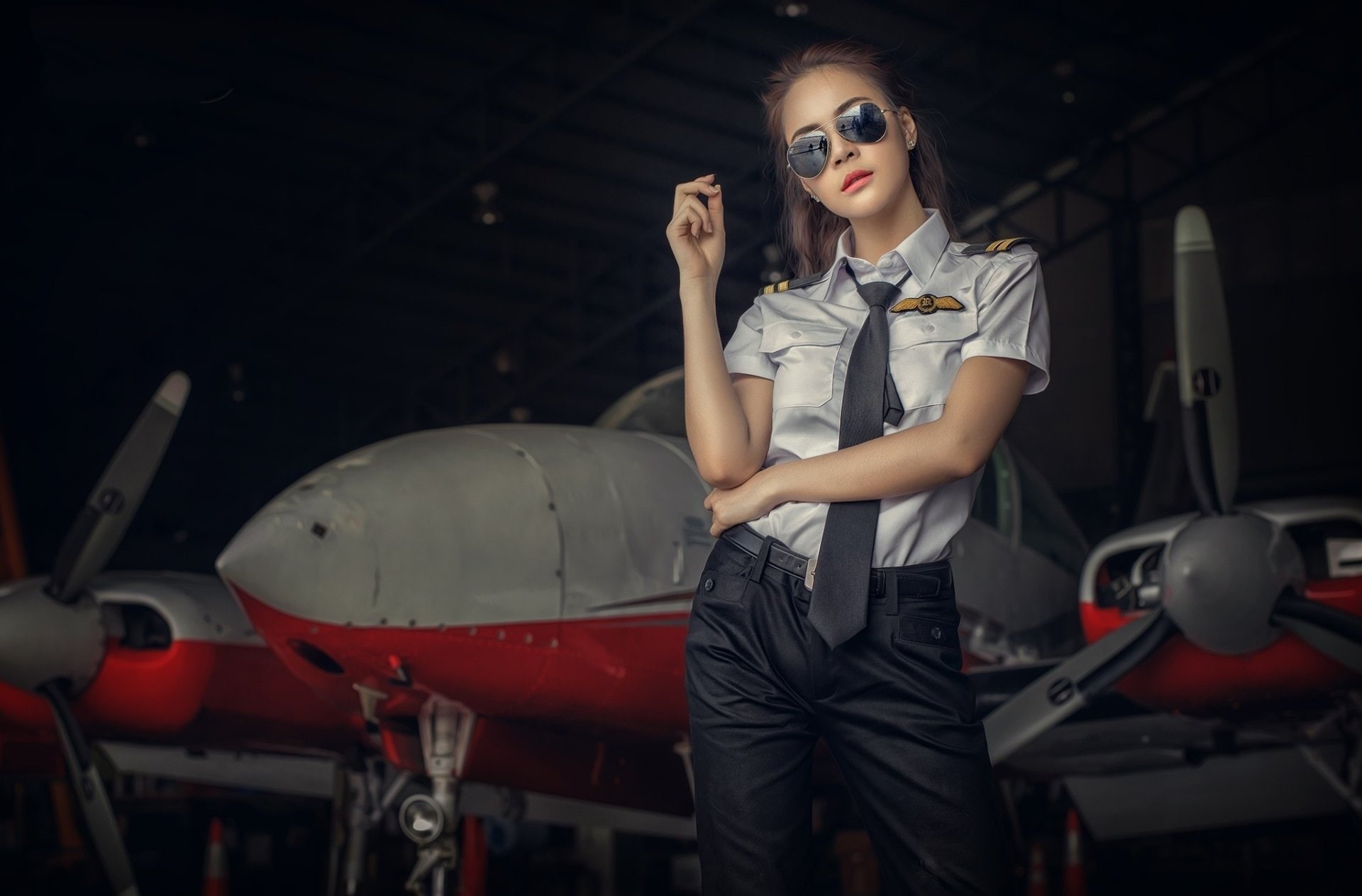 Girl, Women, 1080P, Uniform, Glasses, Asian, Airplane, Pilot, HD Wallpaper