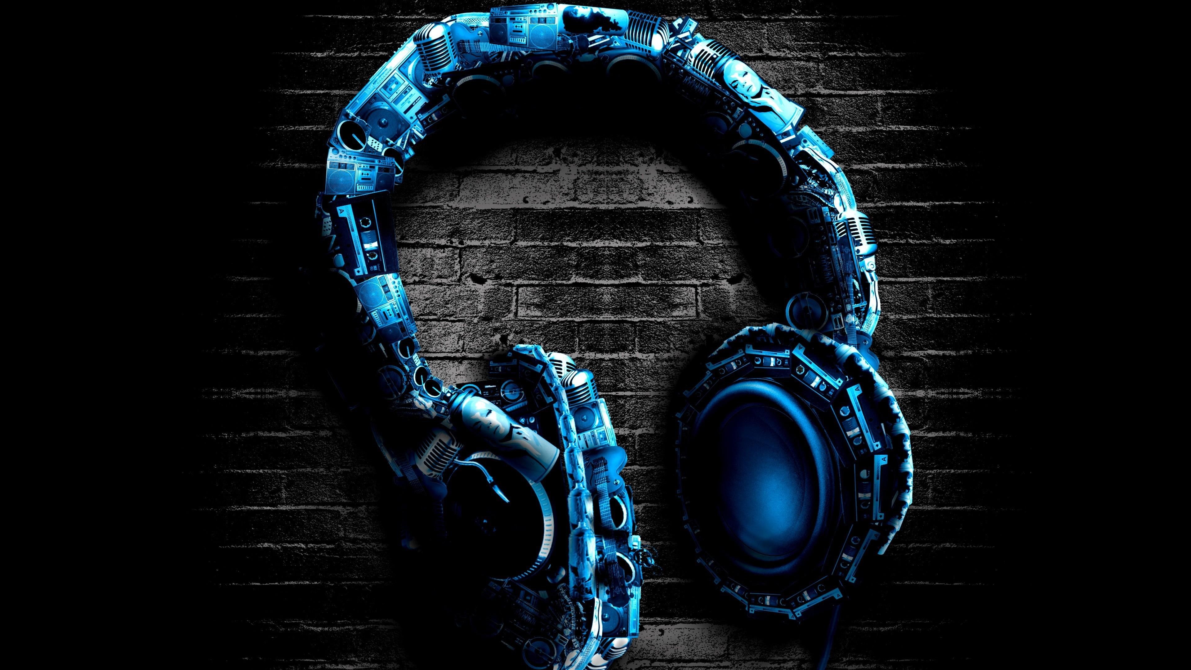 audio equipment, 4K, earphone, graphics, blue, audio, darkness, wall, gadget, headphones, headset, technology, headphone, HD Wallpaper