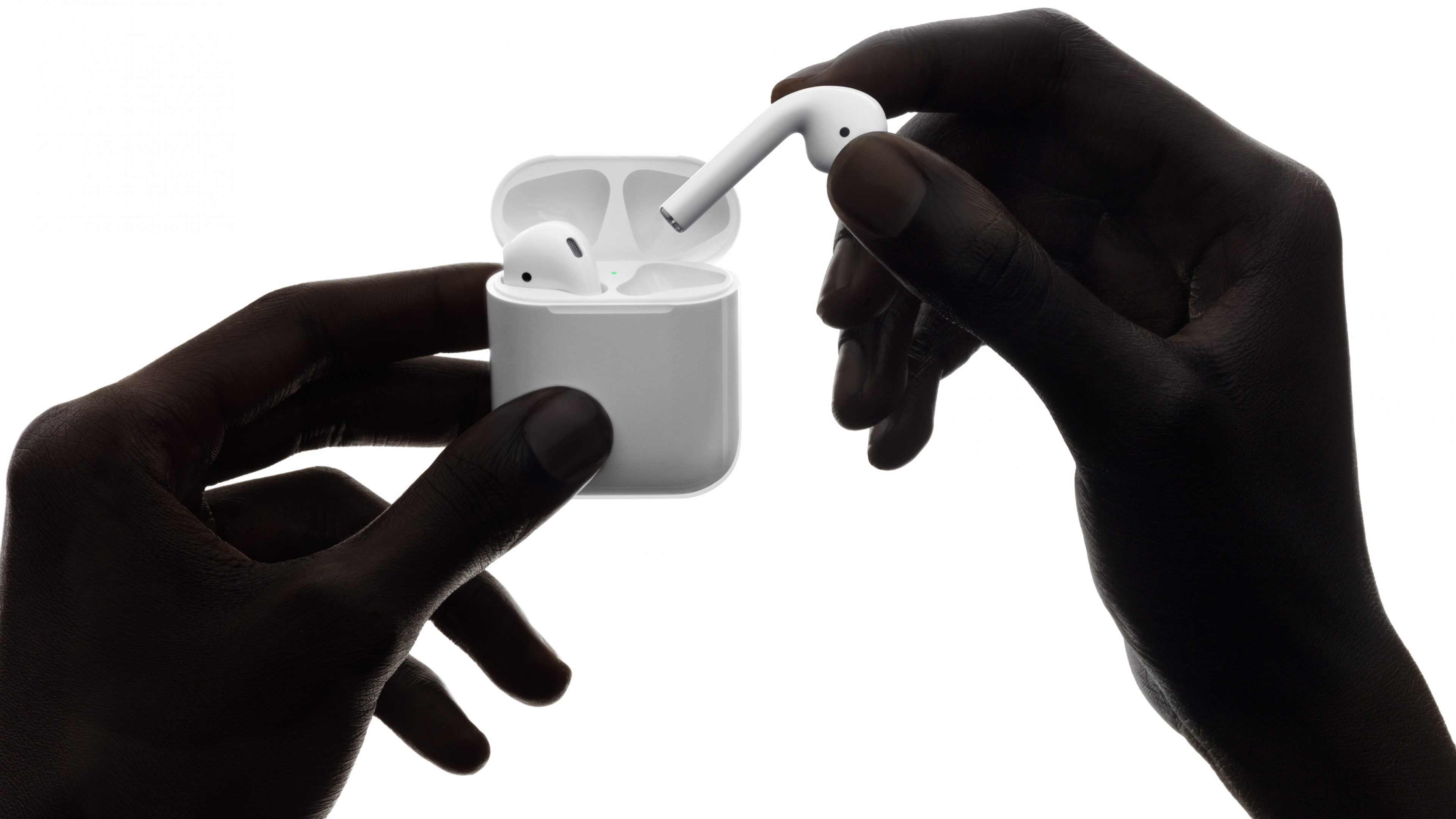 AirPods, review, iPhone 7, wireless, person, 4K, Best Smartphones 2016, headset, apple, holding, white, HD Wallpaper