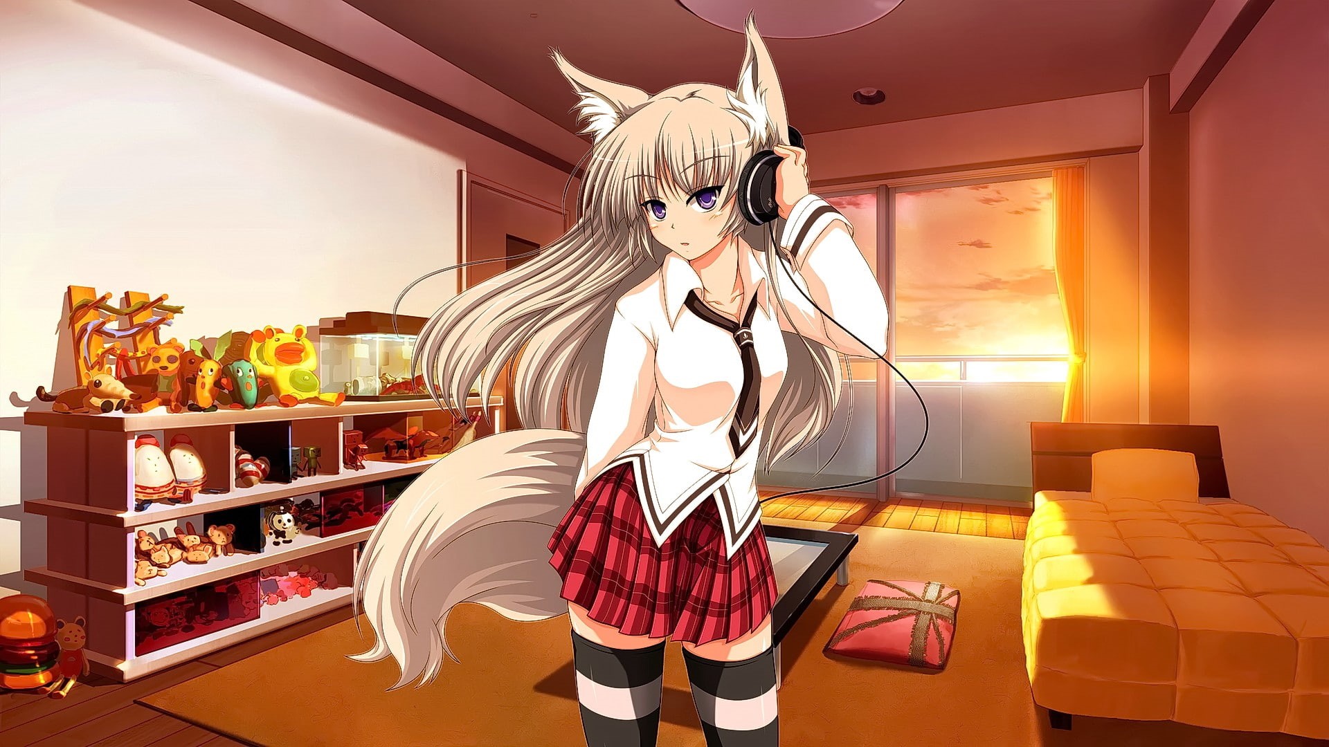 animal ears, 1080P, headsets, anime, blonde, looking at viewer, violet eyes, school uniform, long hair, anime girls, HD Wallpaper